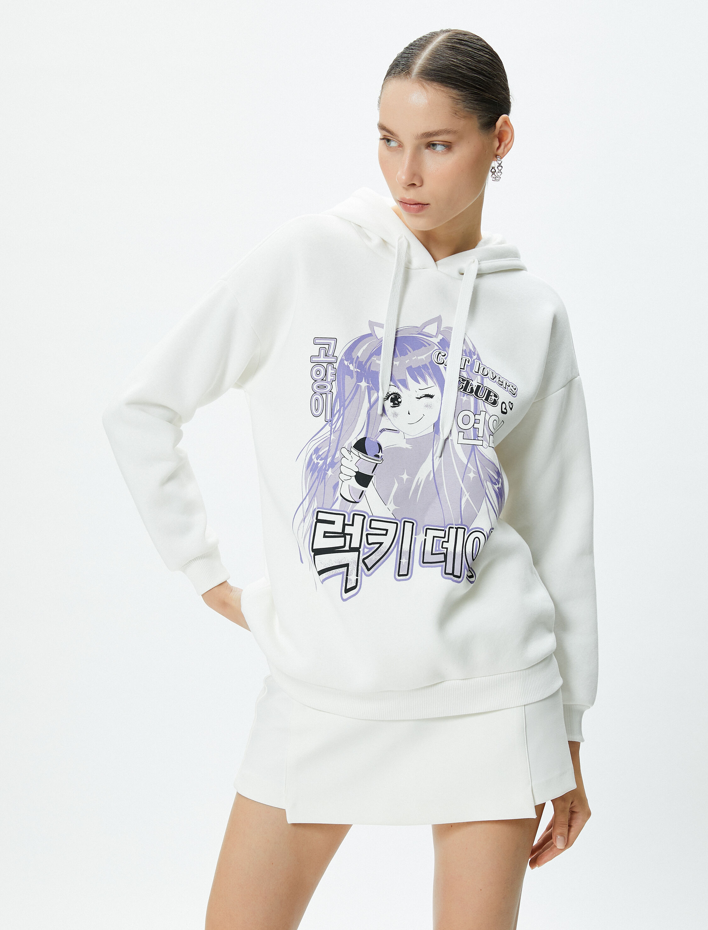   Şardonlu Anime Kapşonlu Sweatshirt Uzun Kollu Rahat Kesim Pamuklu