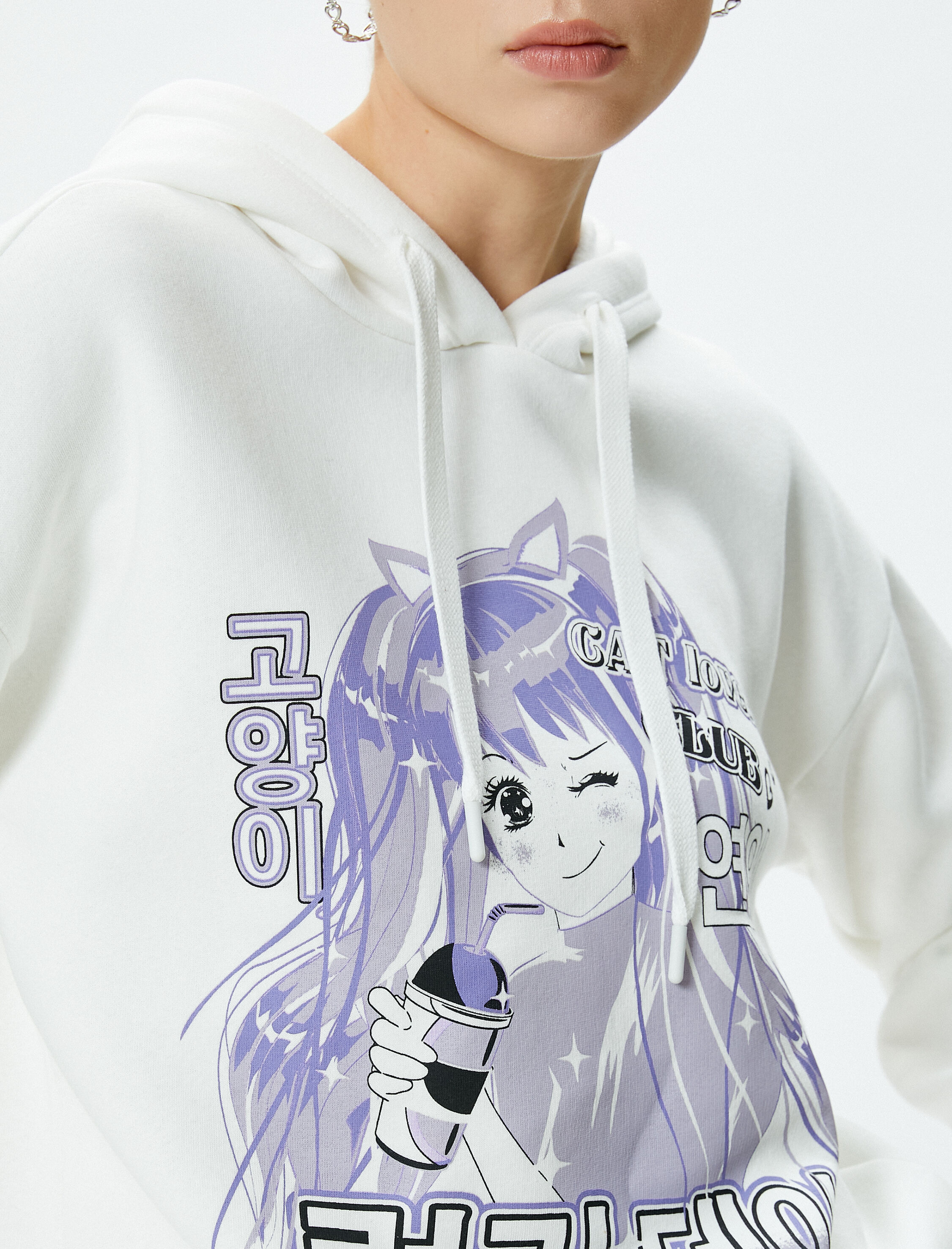   Şardonlu Anime Kapşonlu Sweatshirt Uzun Kollu Rahat Kesim Pamuklu
