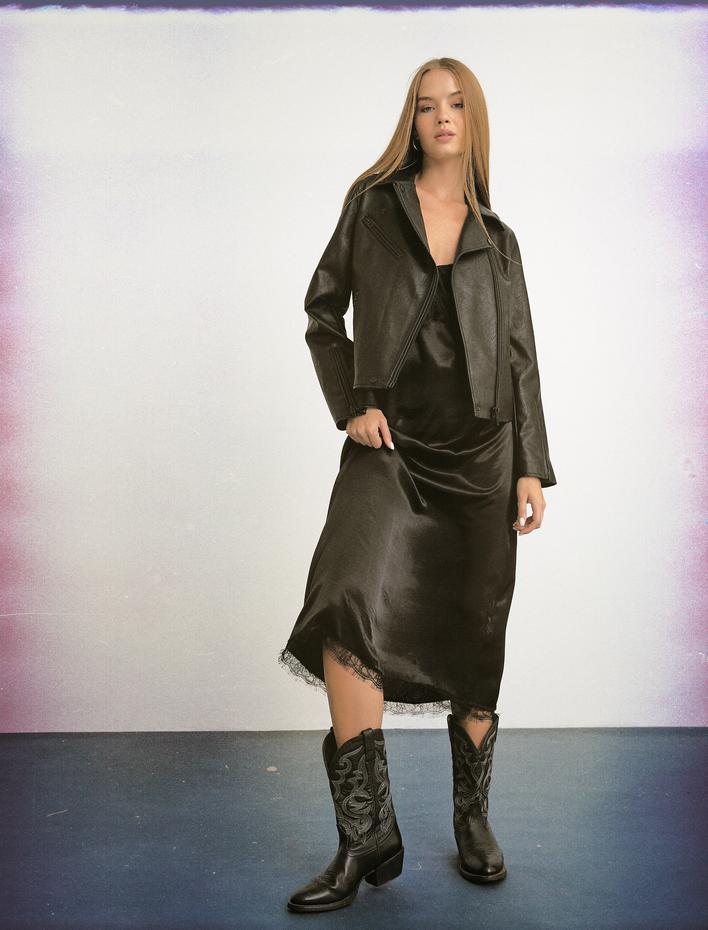  Biker Ceket Suni Deri Fermuarlı