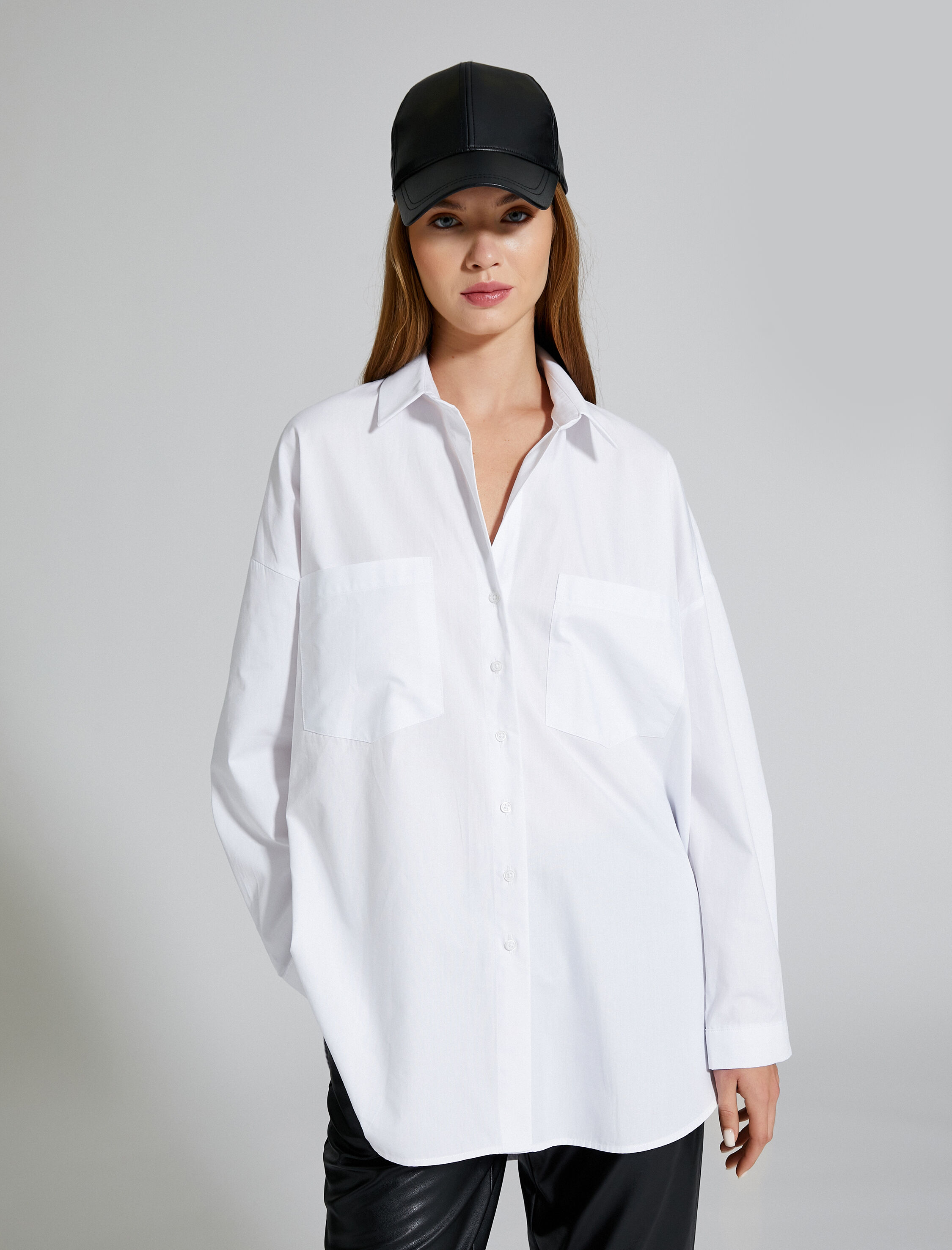   Oversize Gömlek Uzun Kollu Çift Cepli Düğmeli Pamuklu