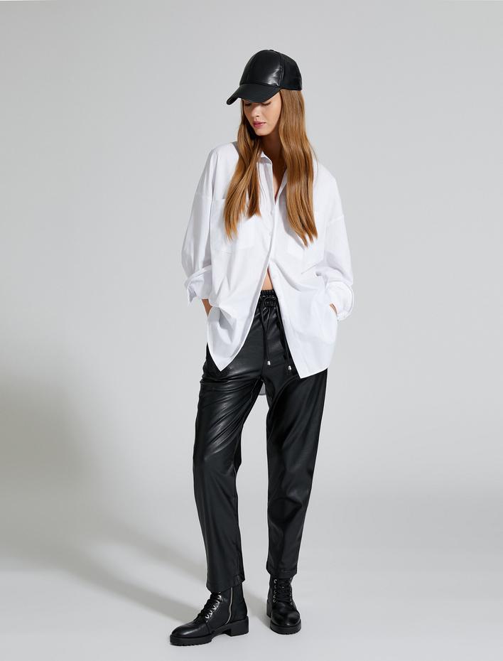  Oversize Gömlek Uzun Kollu Çift Cepli Düğmeli Pamuklu