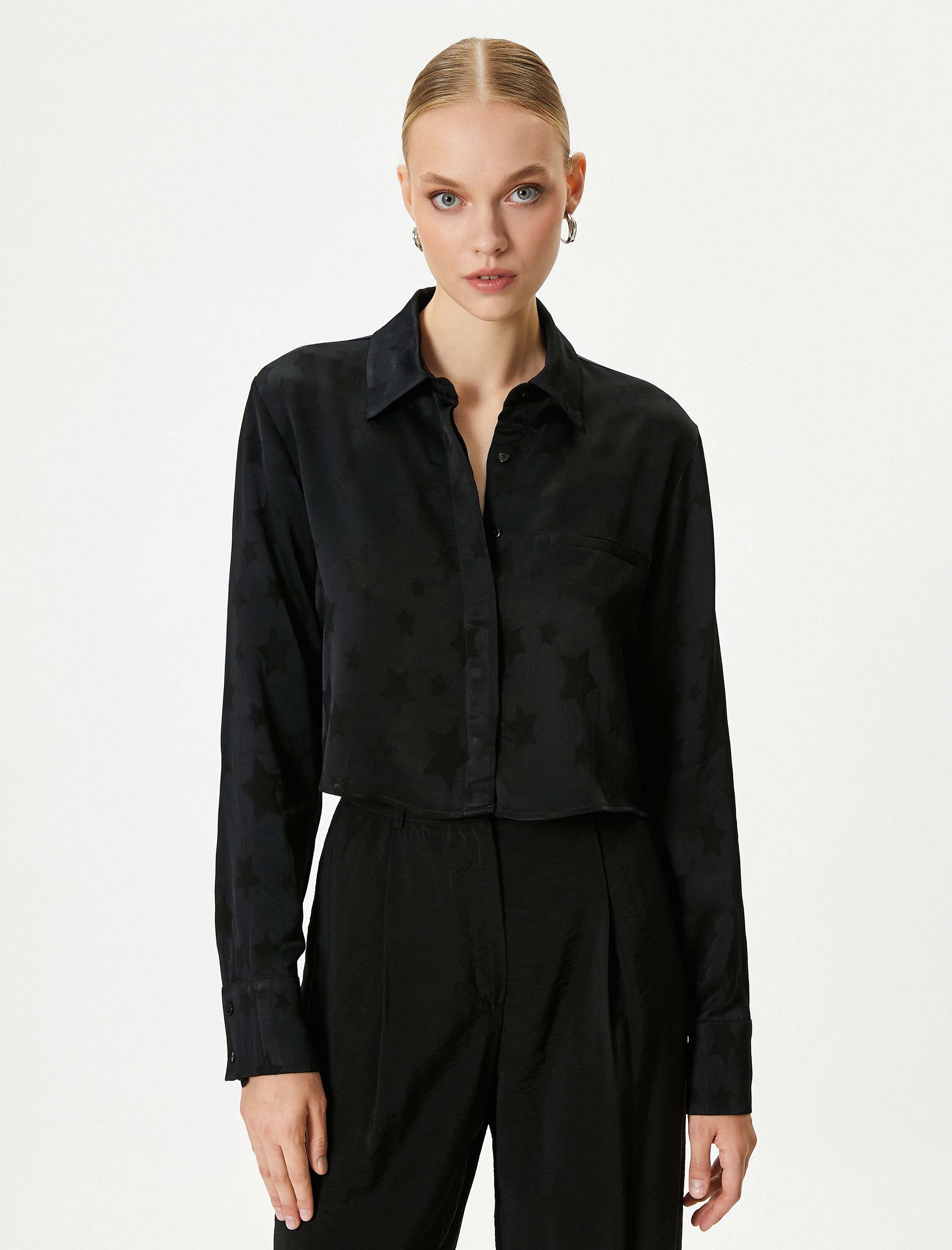   Saten Gömlek Yıldız Desenli Uzun Kollu