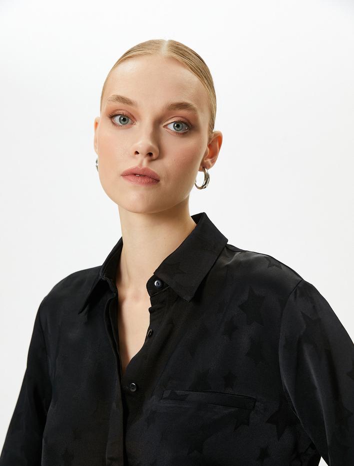  Saten Gömlek Yıldız Desenli Uzun Kollu