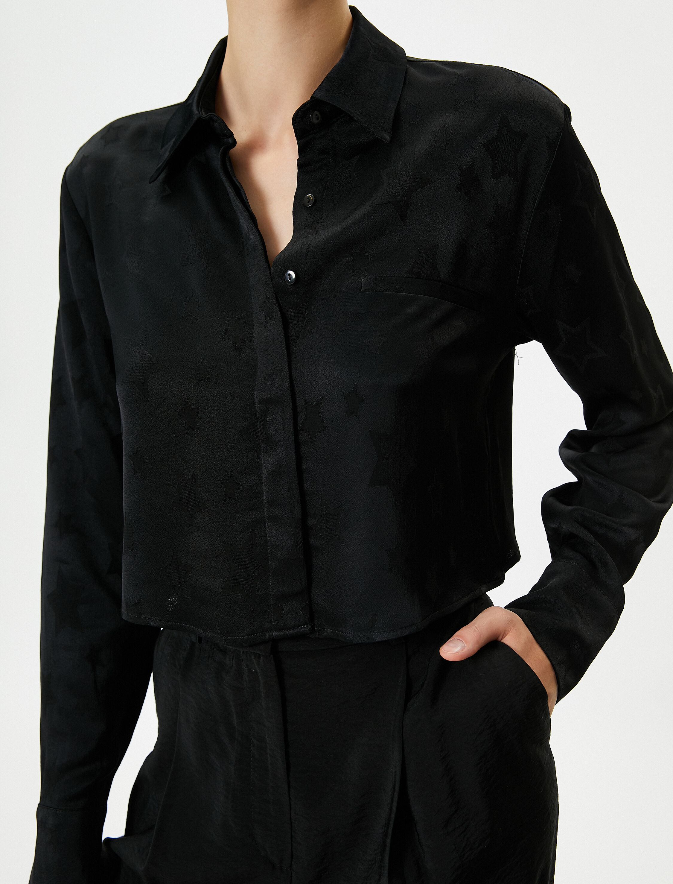   Saten Gömlek Yıldız Desenli Uzun Kollu