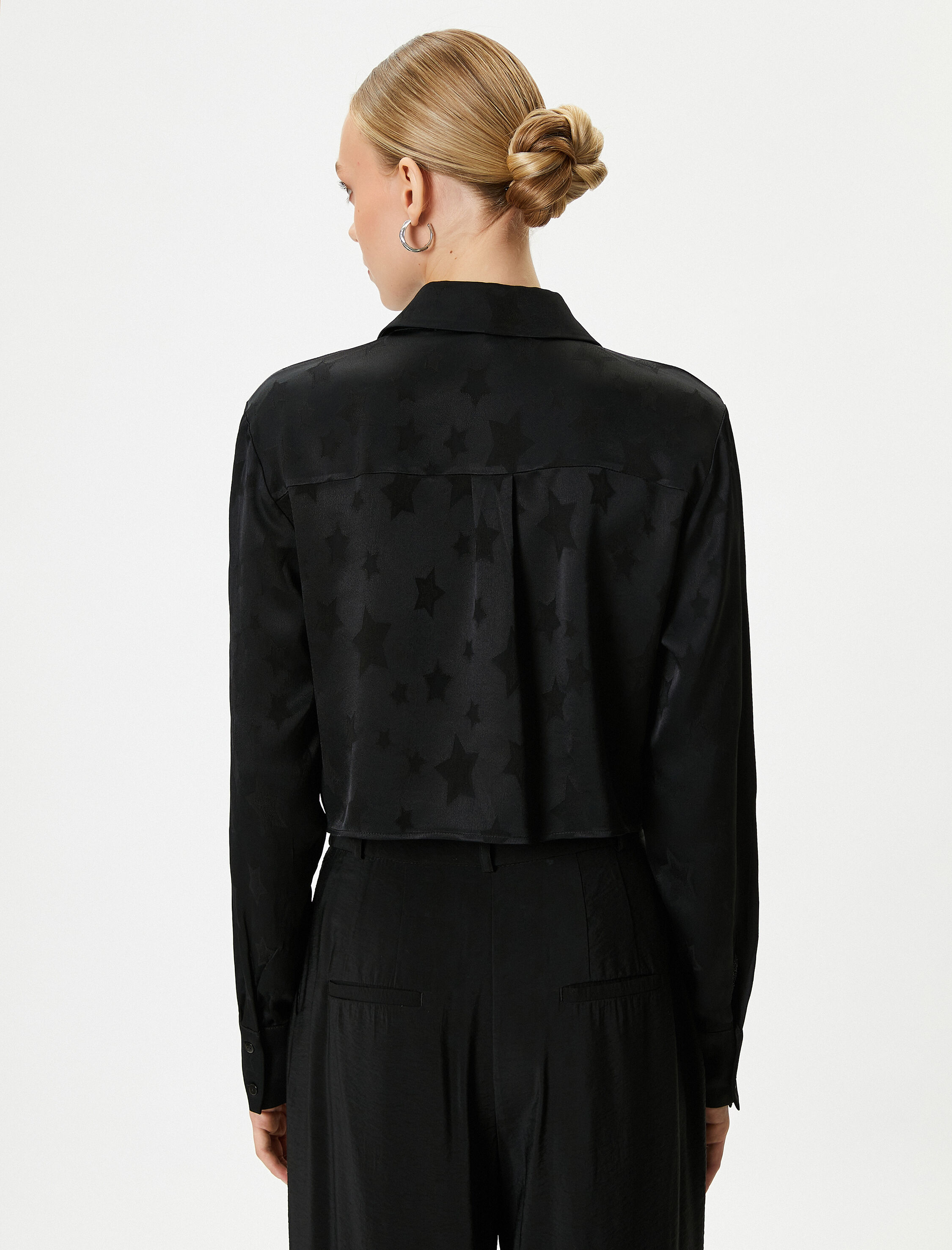   Saten Gömlek Yıldız Desenli Uzun Kollu