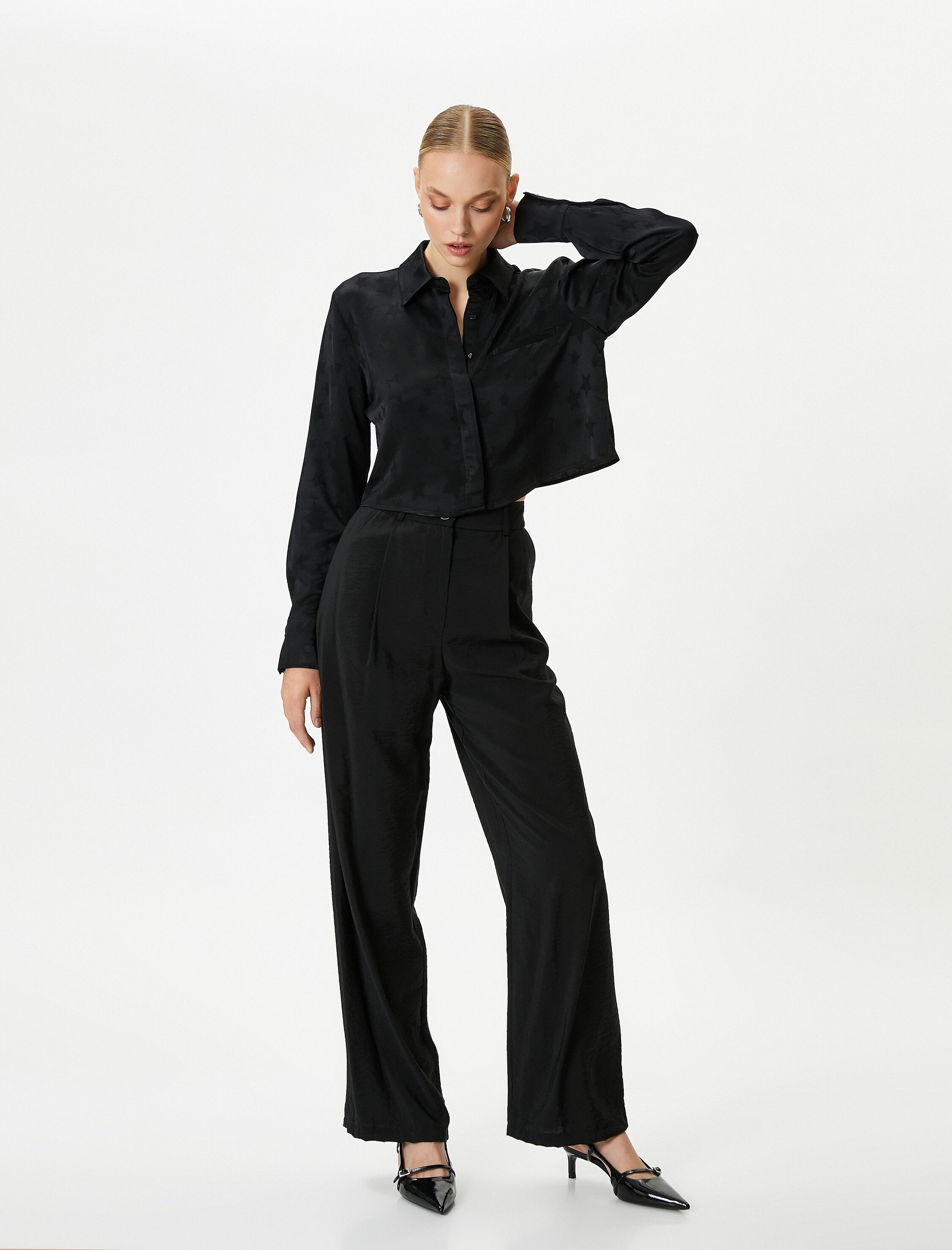   Saten Gömlek Yıldız Desenli Uzun Kollu