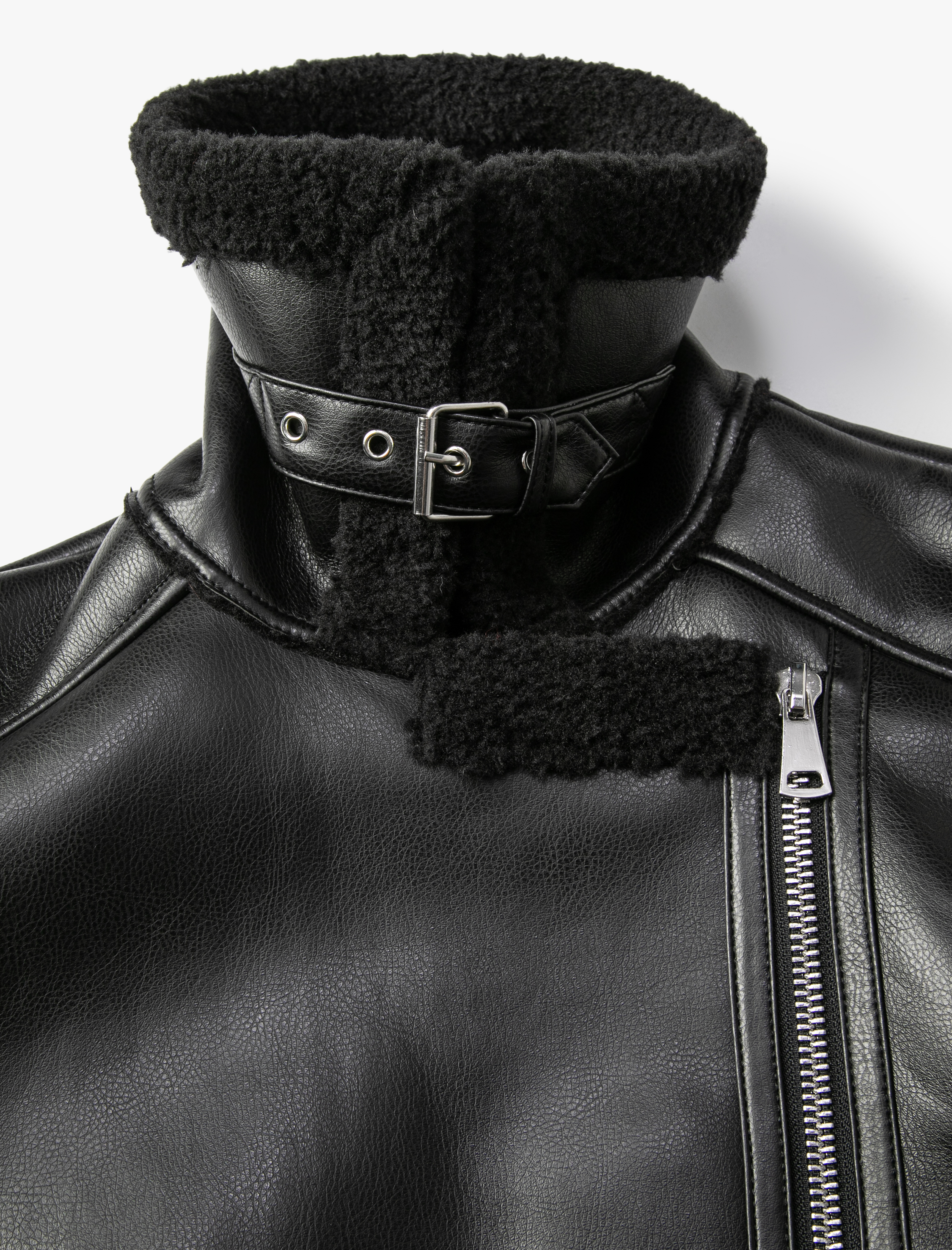   Biker Ceket Suni Deri Kruvaze Kapama Fermuarlı Peluş Detaylı