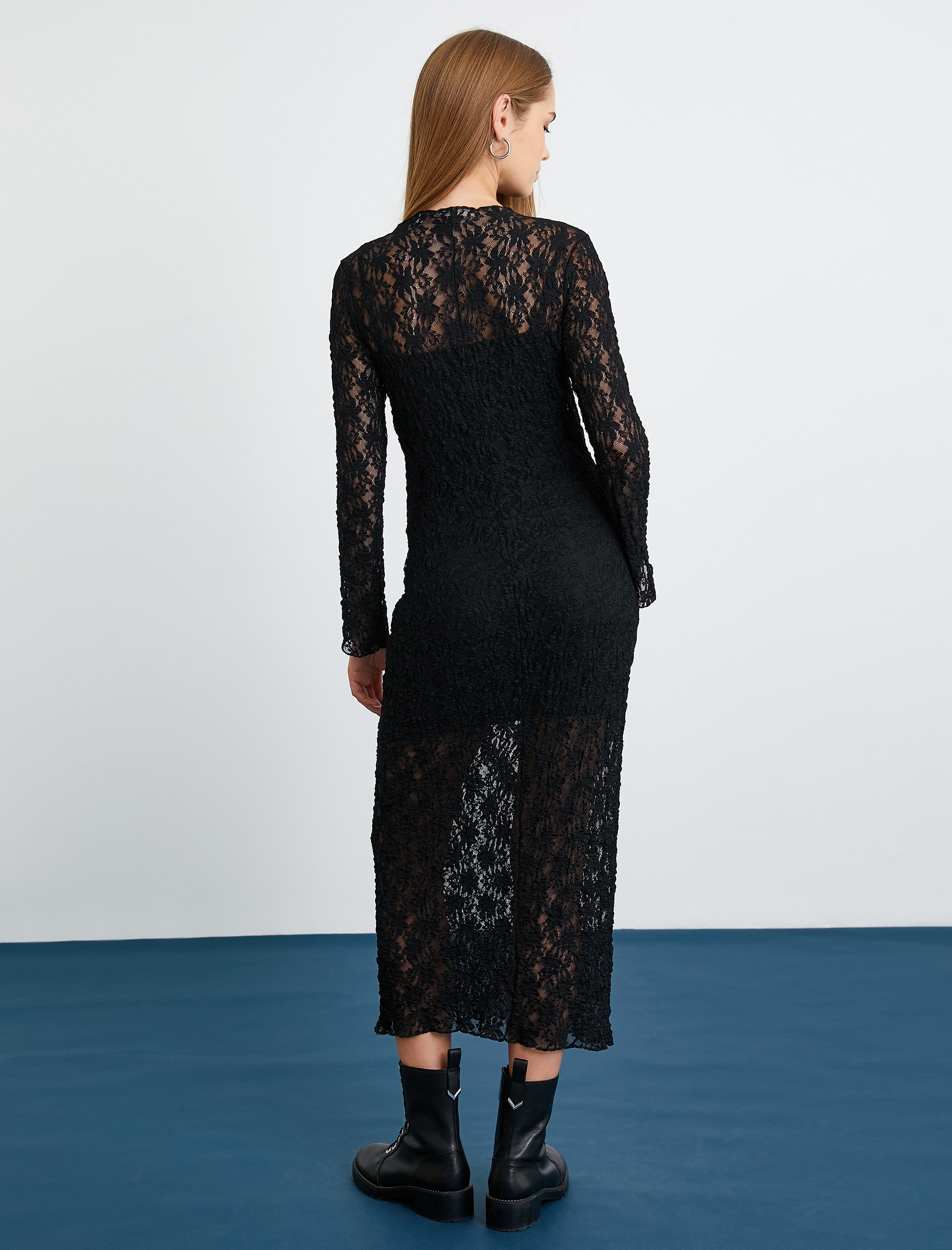   Dantelli Elbise Midi Boy İspanyol Kol Bisiklet Yaka Astarlı