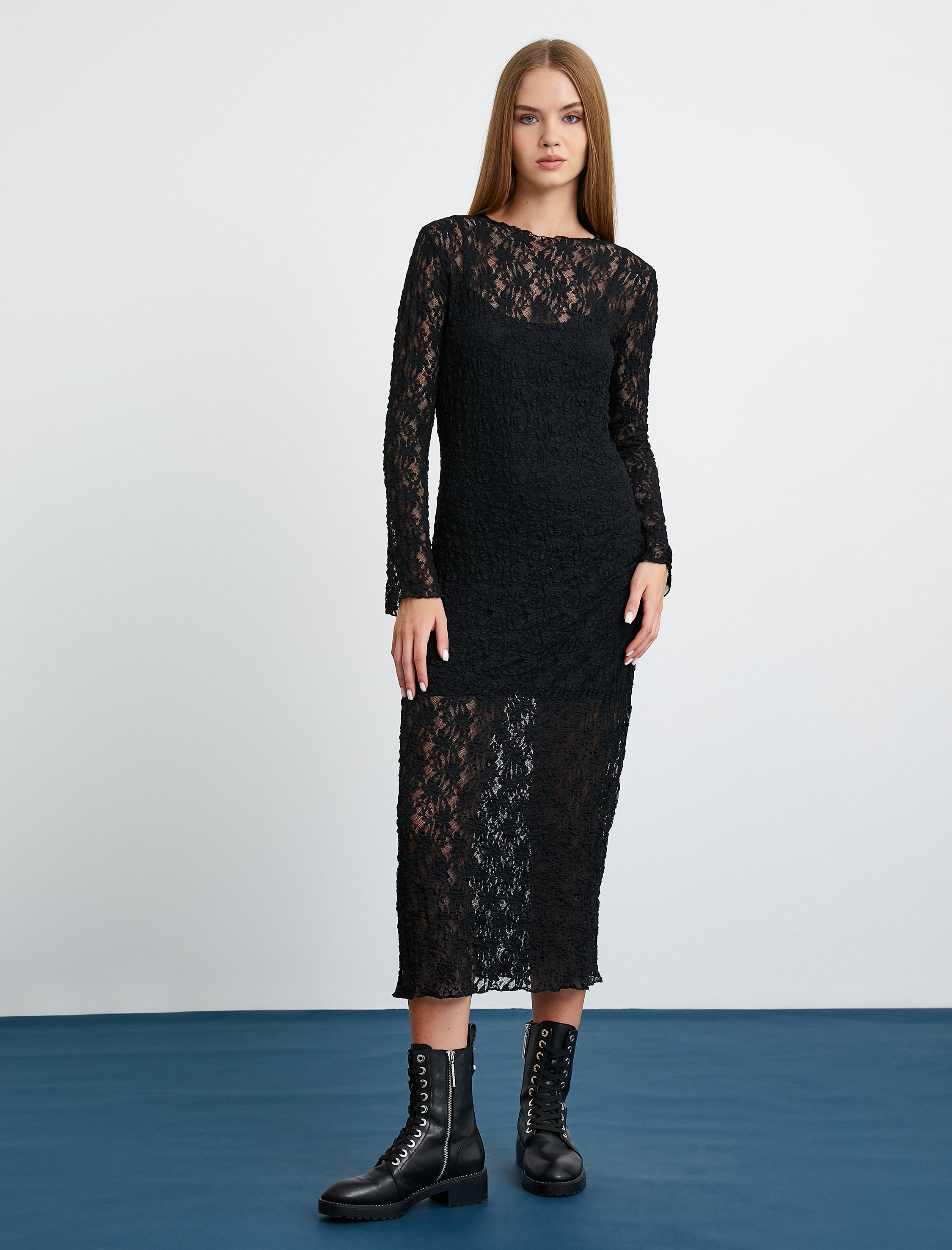   Dantelli Elbise Midi Boy İspanyol Kol Bisiklet Yaka Astarlı