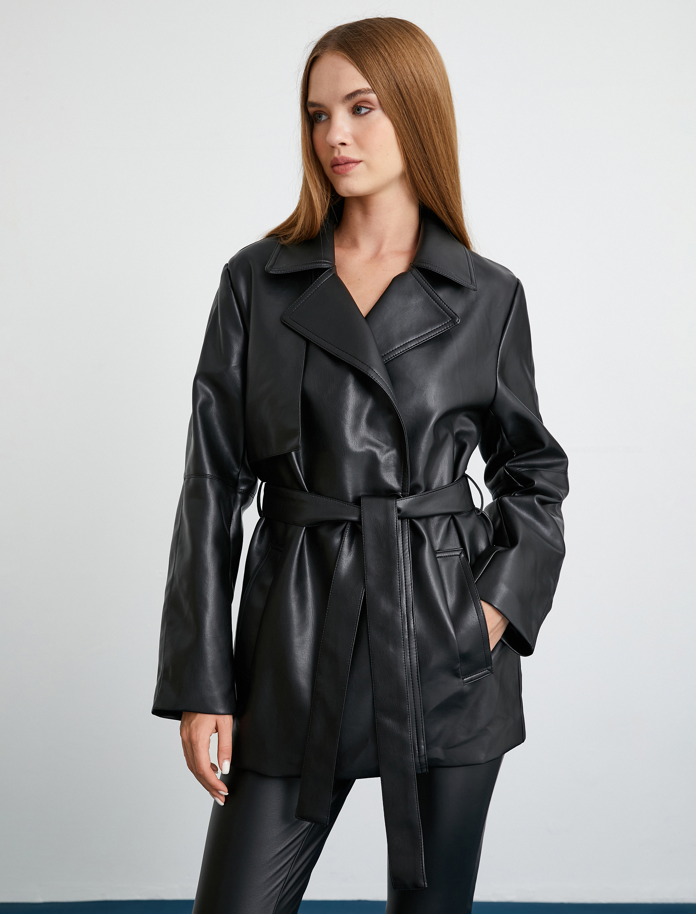   Suni Deri Trençkot Kuşaklı Cepli Kruvaze