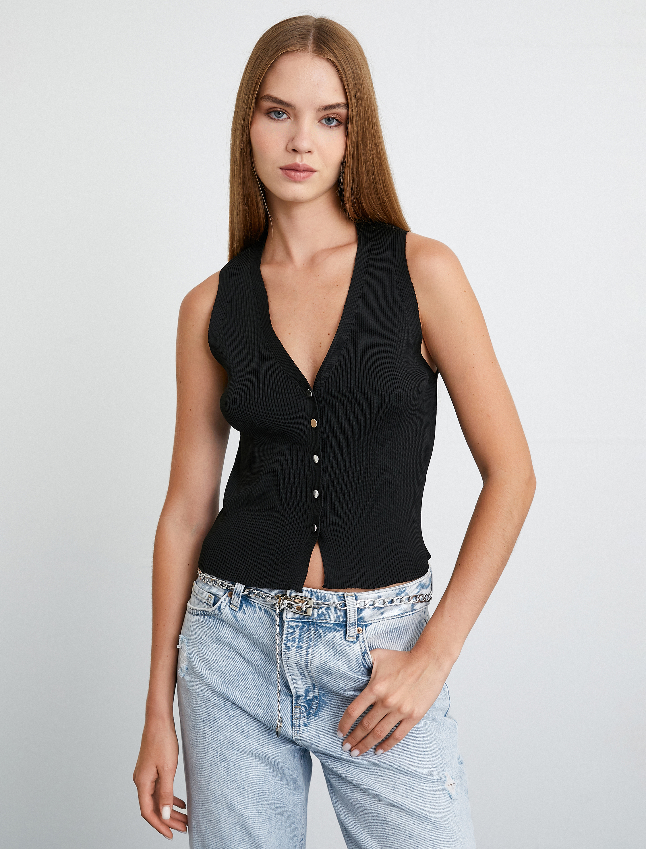   Triko Yelek V Yaka Düğmeli