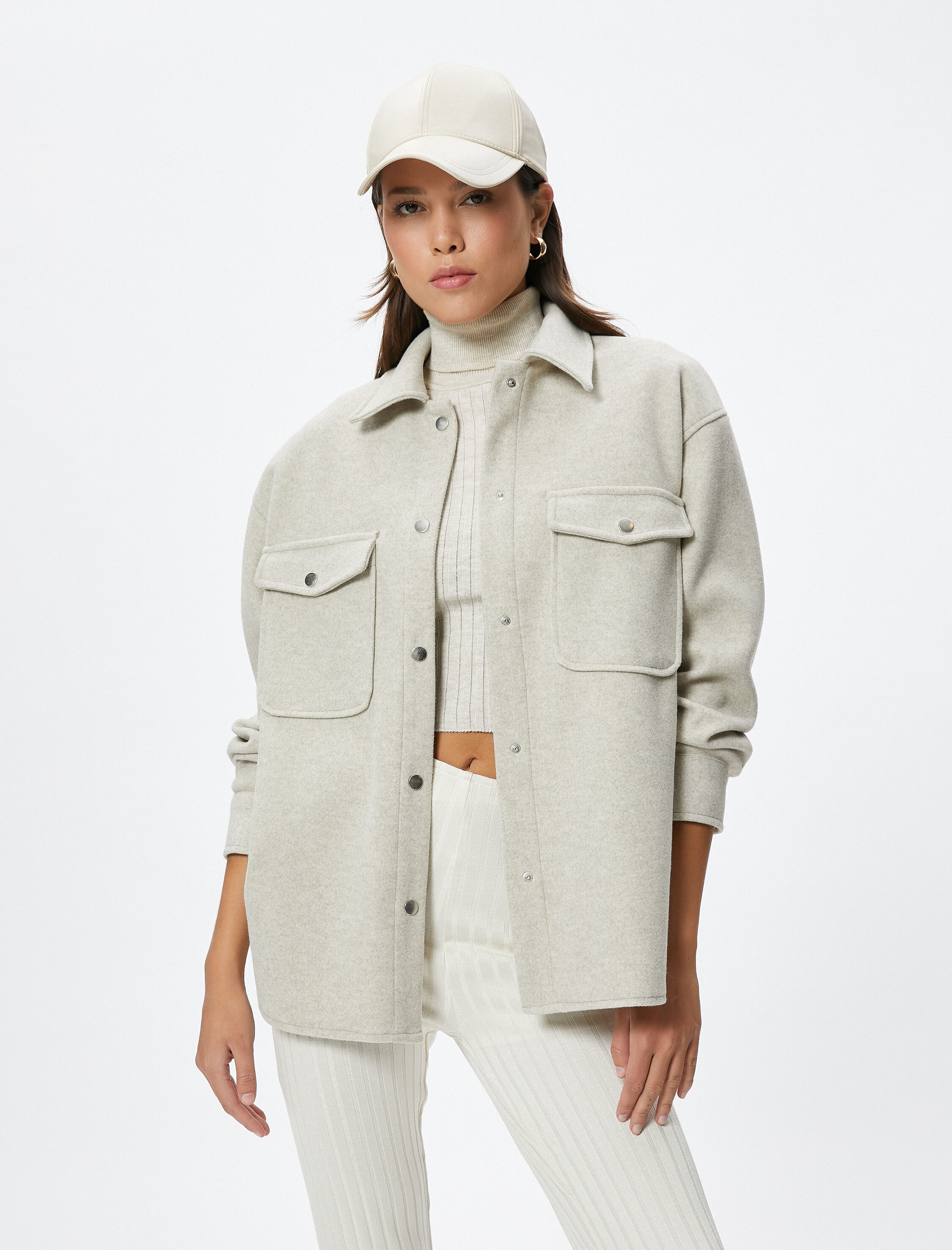   Oversize Gömlek Ceket Çıtçıt Düğmeli Kapaklı Cepli