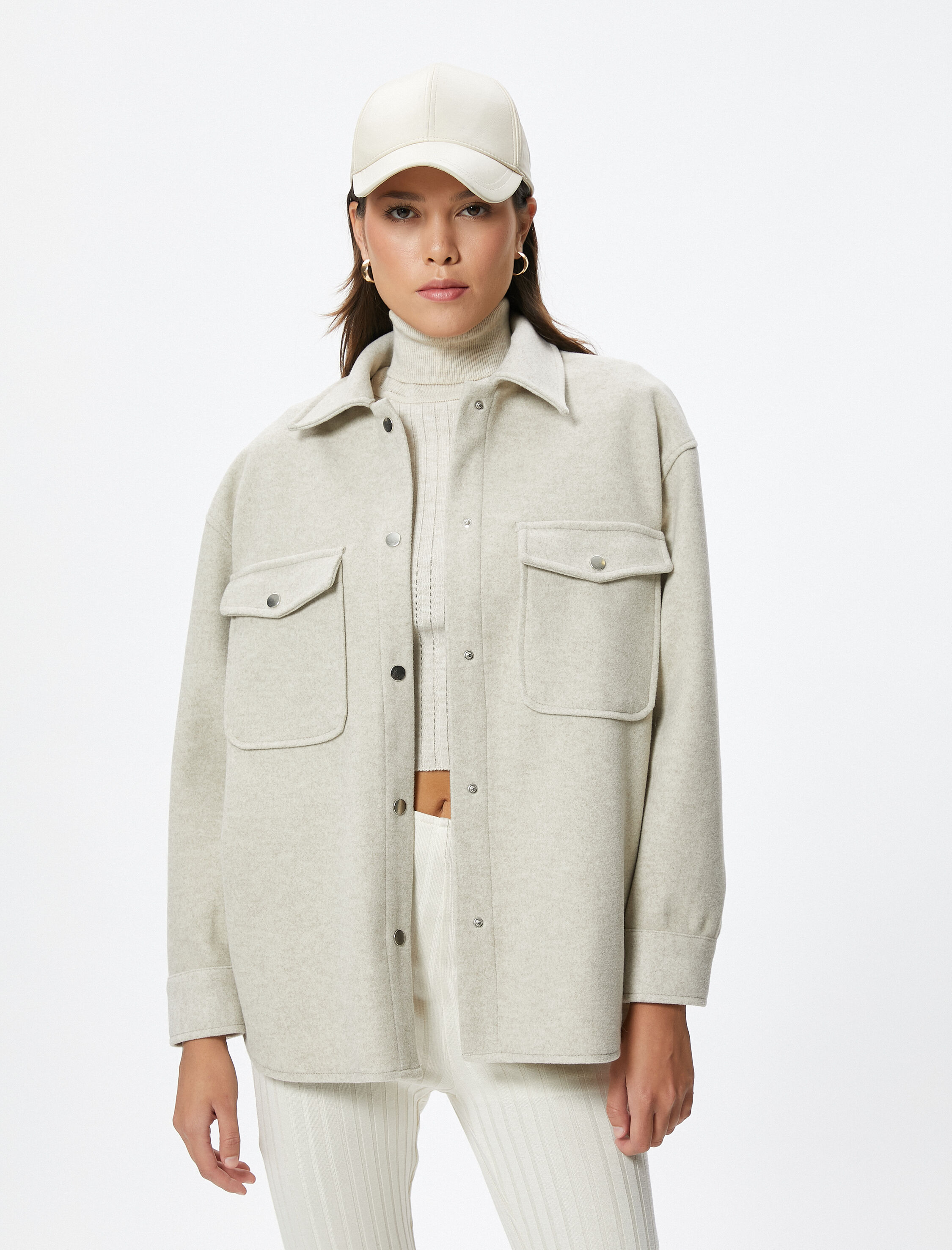   Oversize Gömlek Ceket Çıtçıt Düğmeli Kapaklı Cepli