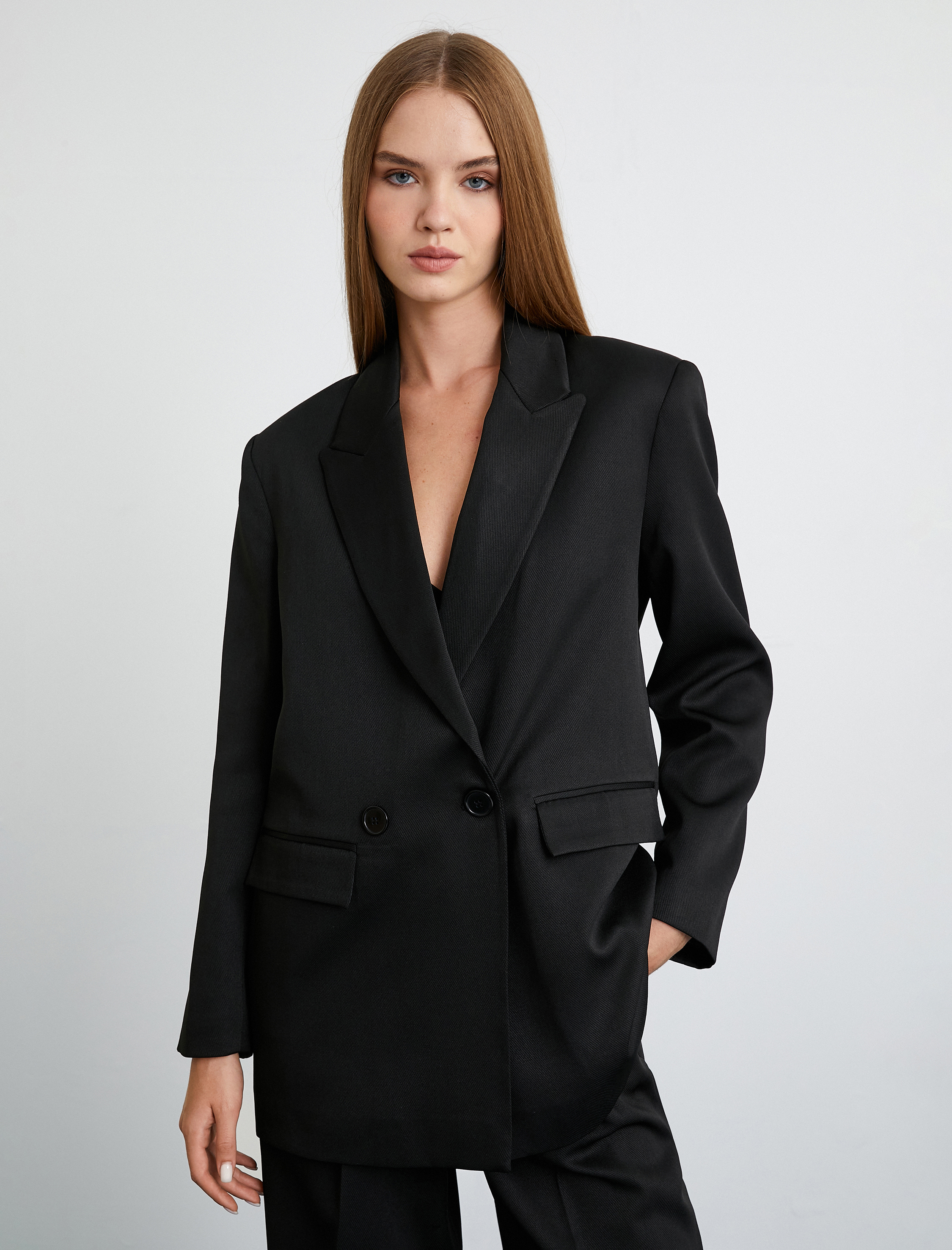   Vatkalı Blazer Ceket Kruvaze Düğmeli Kapaklı Cepli