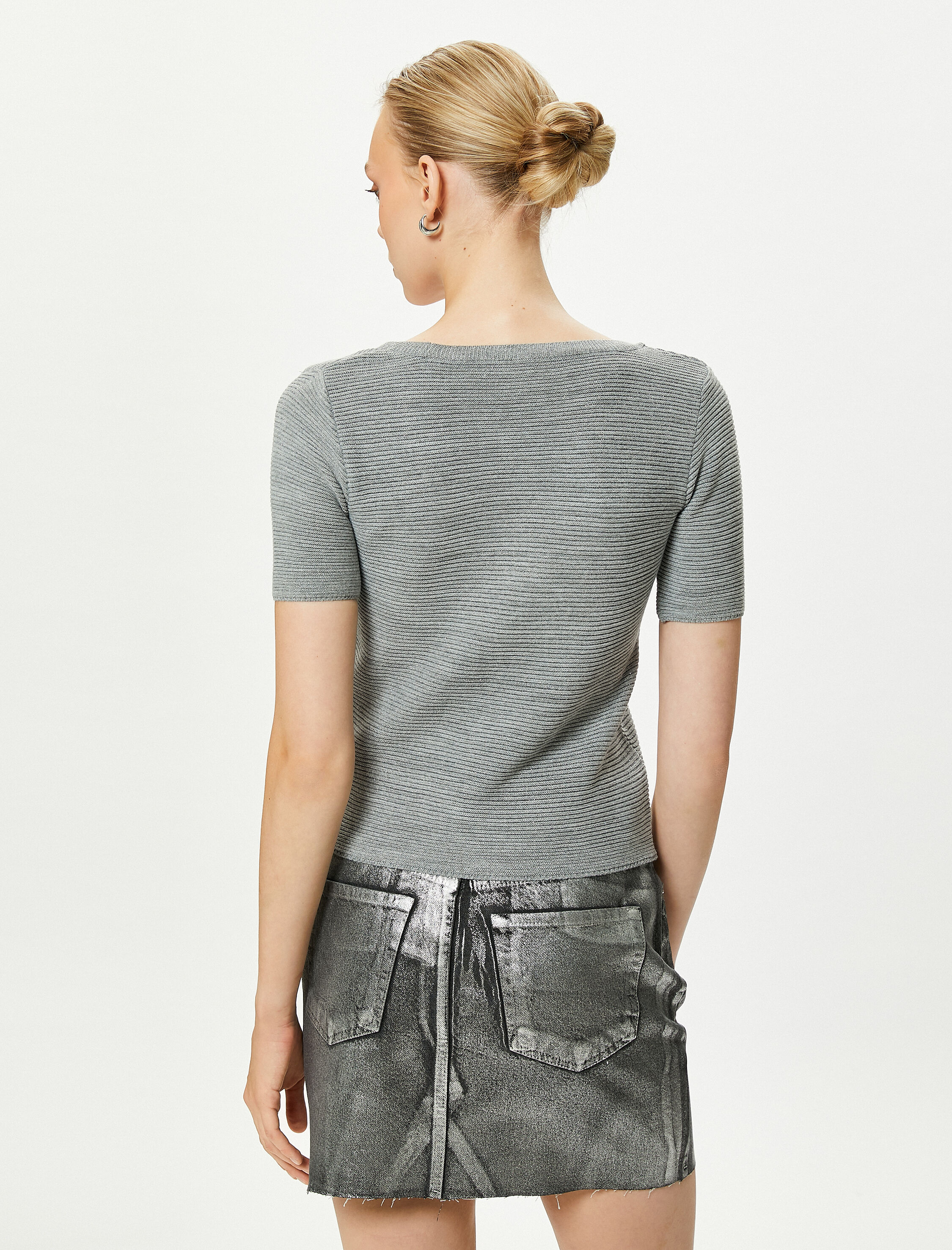   Kısa Kollu Triko Kazak Yuvarlak Yaka Fitilli