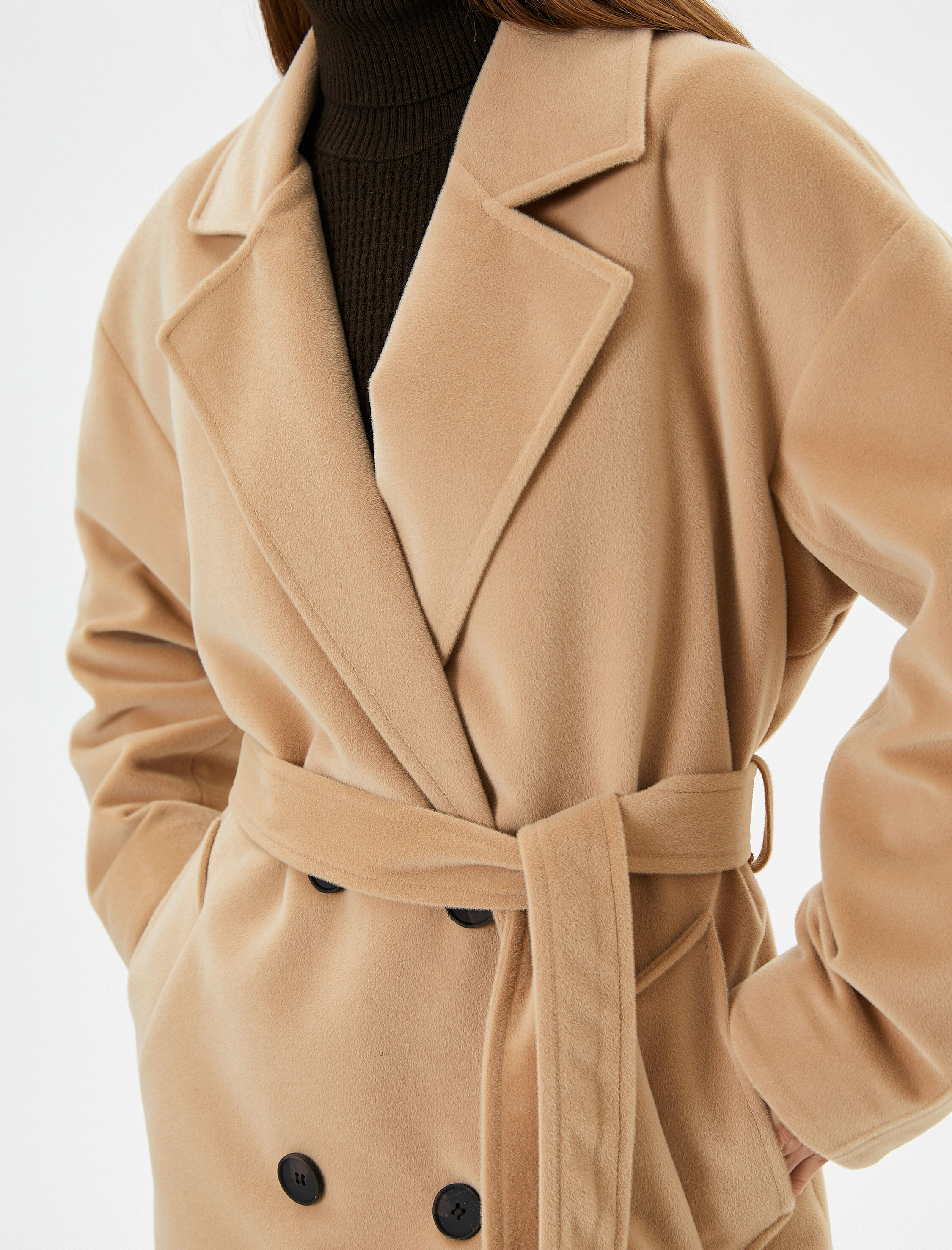   Oversize Kaşe Kaban Kruvaze Düğmeli Cepli