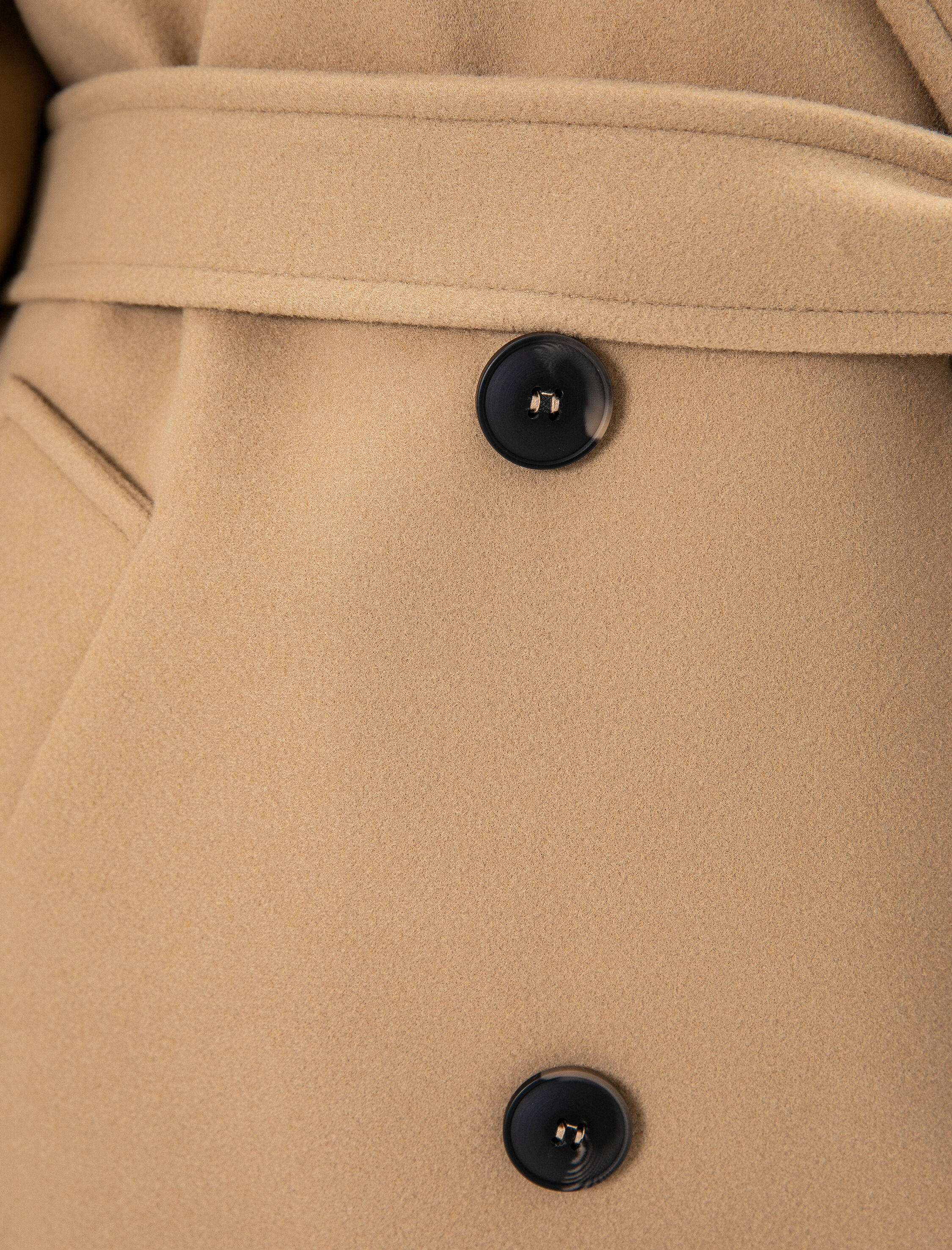   Uzun Kaşe Kaban Düğmeli Kruvaze Beli Kuşaklı Cepli