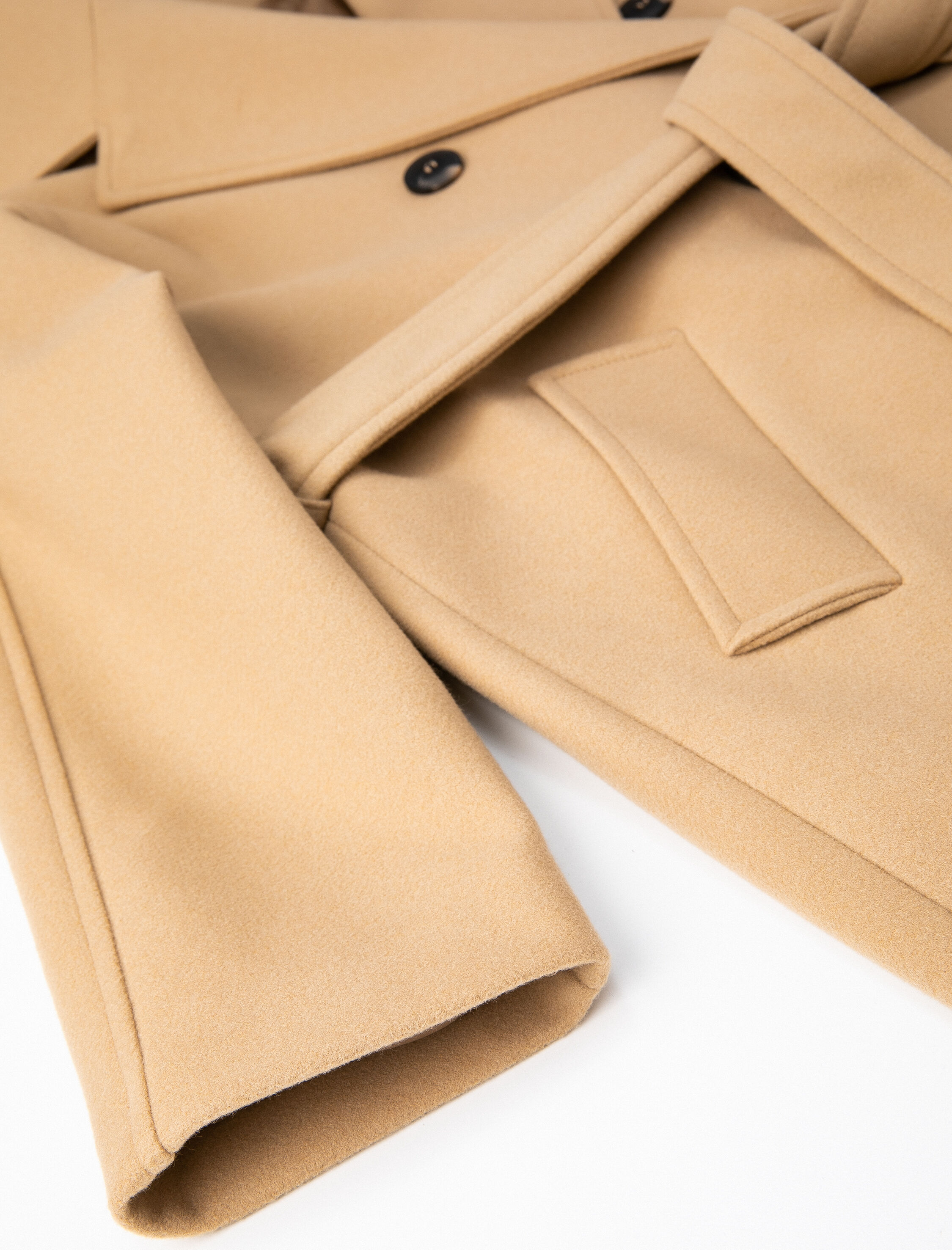   Uzun Kaşe Kaban Düğmeli Kruvaze Beli Kuşaklı Cepli