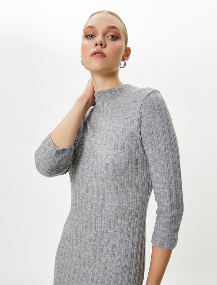  Midi Triko Elbise Yarım Kollu Bisiklet Yaka Slim Fit