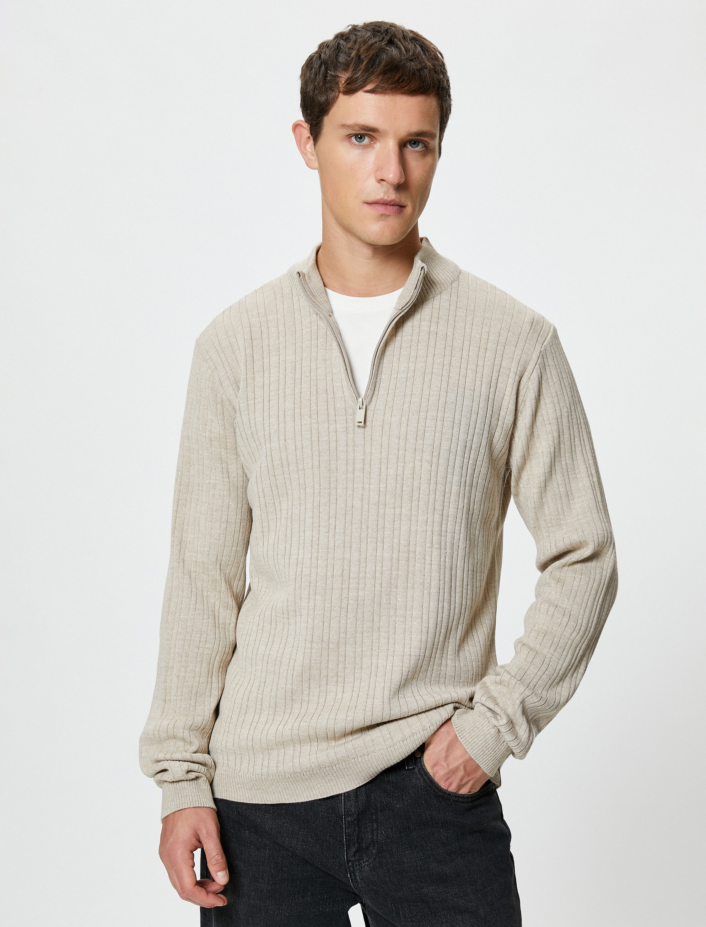   Yarım Fermuarlı Kazak Dik Yaka Dokulu Uzun Kollu