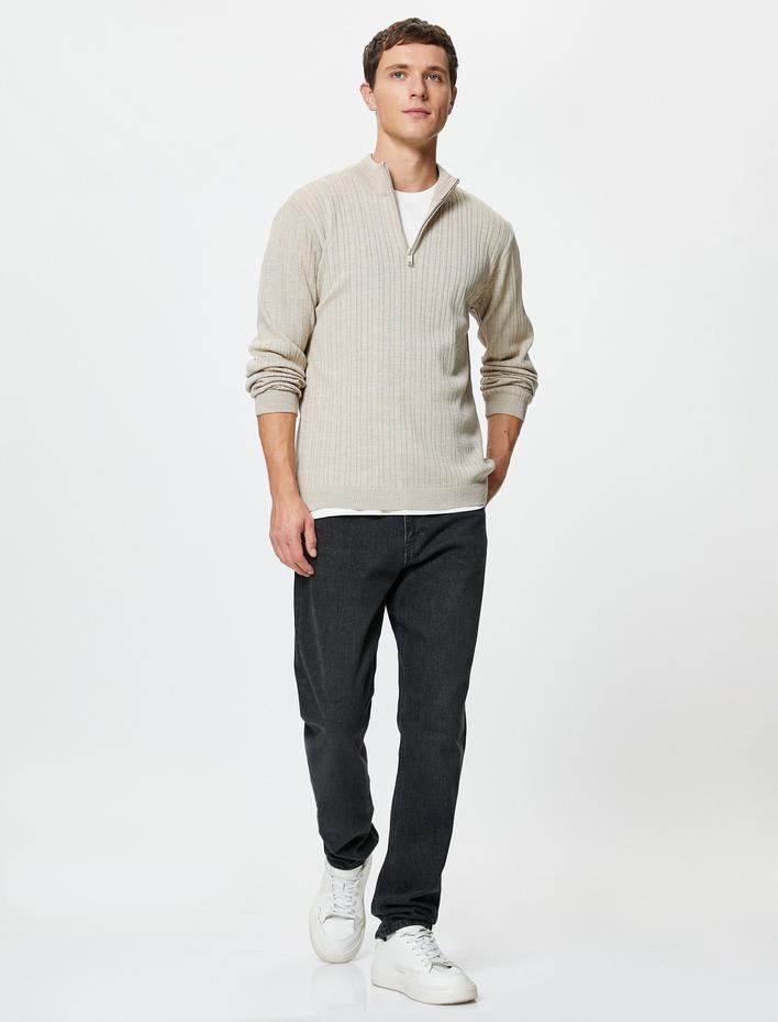  Yarım Fermuarlı Kazak Dik Yaka Dokulu Uzun Kollu