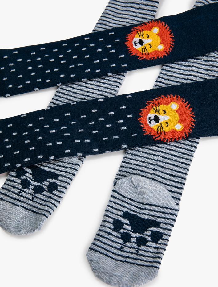 Erkek Bebek 2'li Külotlu Çorap Çok Renkli Aslan Desenli Pamuklu