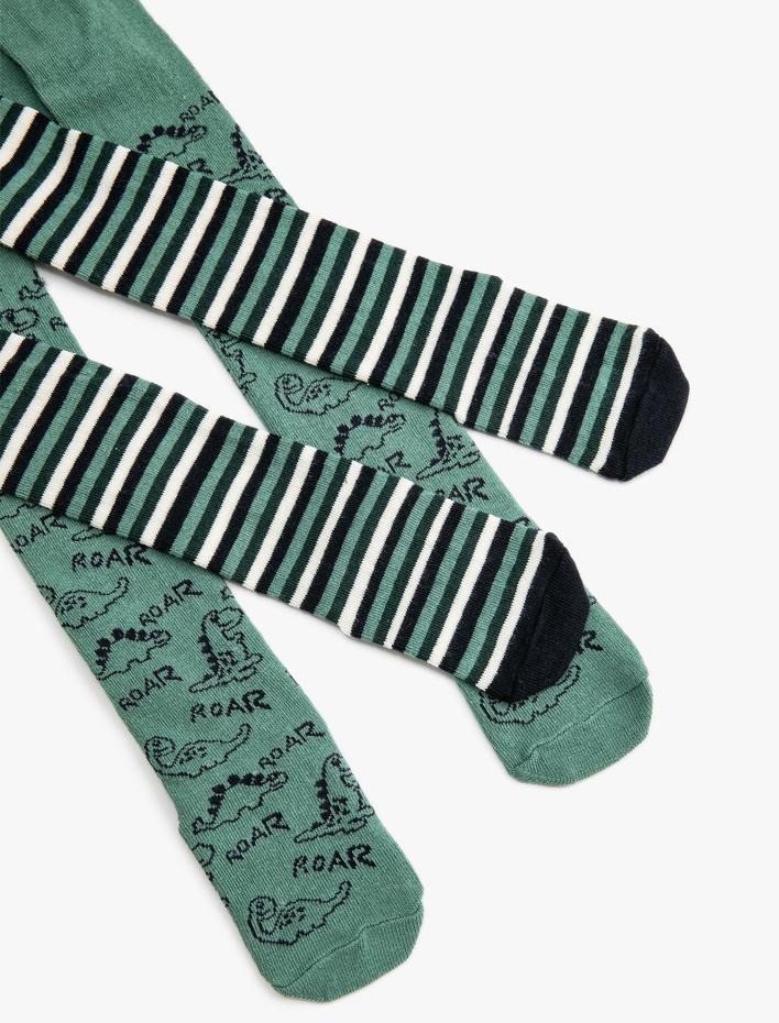 Erkek Bebek 2'li Külotlu Çorap Çok Renkli Dinozor Desenli Pamuklu