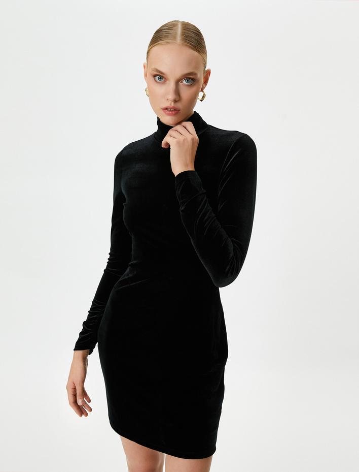  Kadife Elbise Mini Uzun Kollu Yarım Balıkçı Yaka Slim Fit