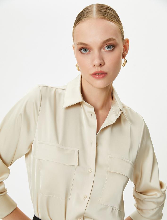  Saten Gömlek Uzun Kollu Kapaklı Cepli Düğmeli