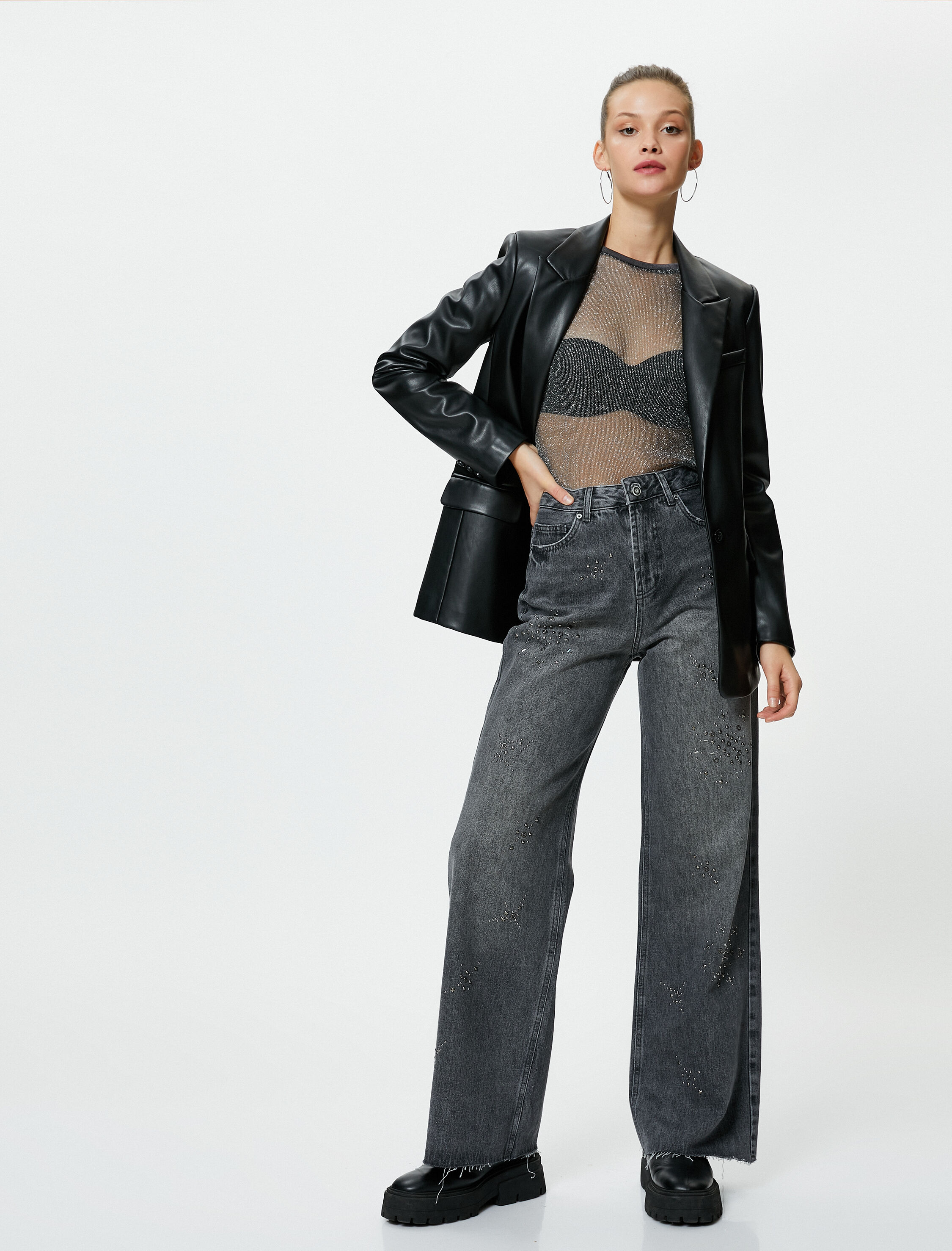   Ekstra Geniş Paça Taşlı Kot Pantolon Standart Bel Esnemeyen Pamuklu Kumaş Cepli - Bianca Jean