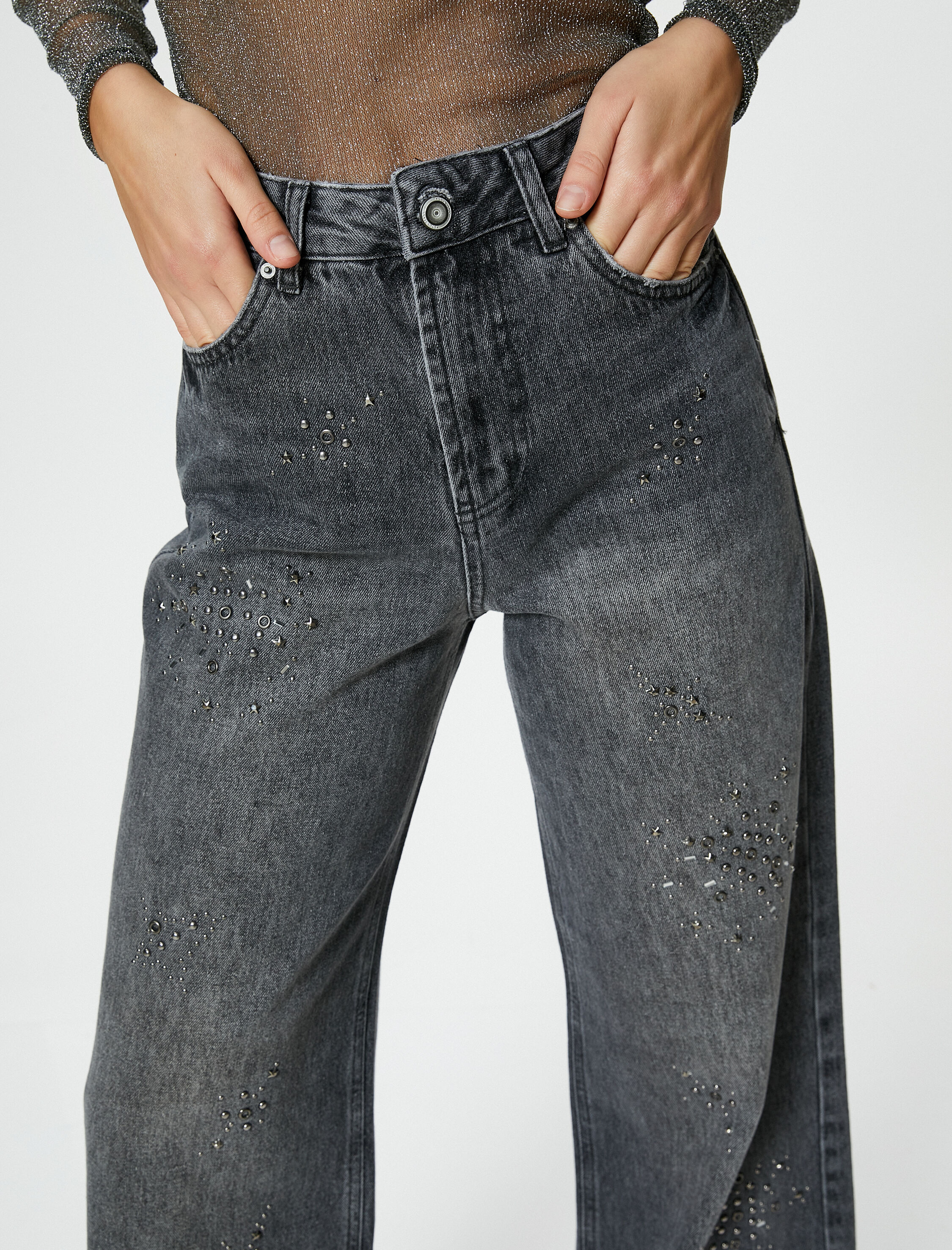   Ekstra Geniş Paça Taşlı Kot Pantolon Standart Bel Esnemeyen Pamuklu Kumaş Cepli - Bianca Jean