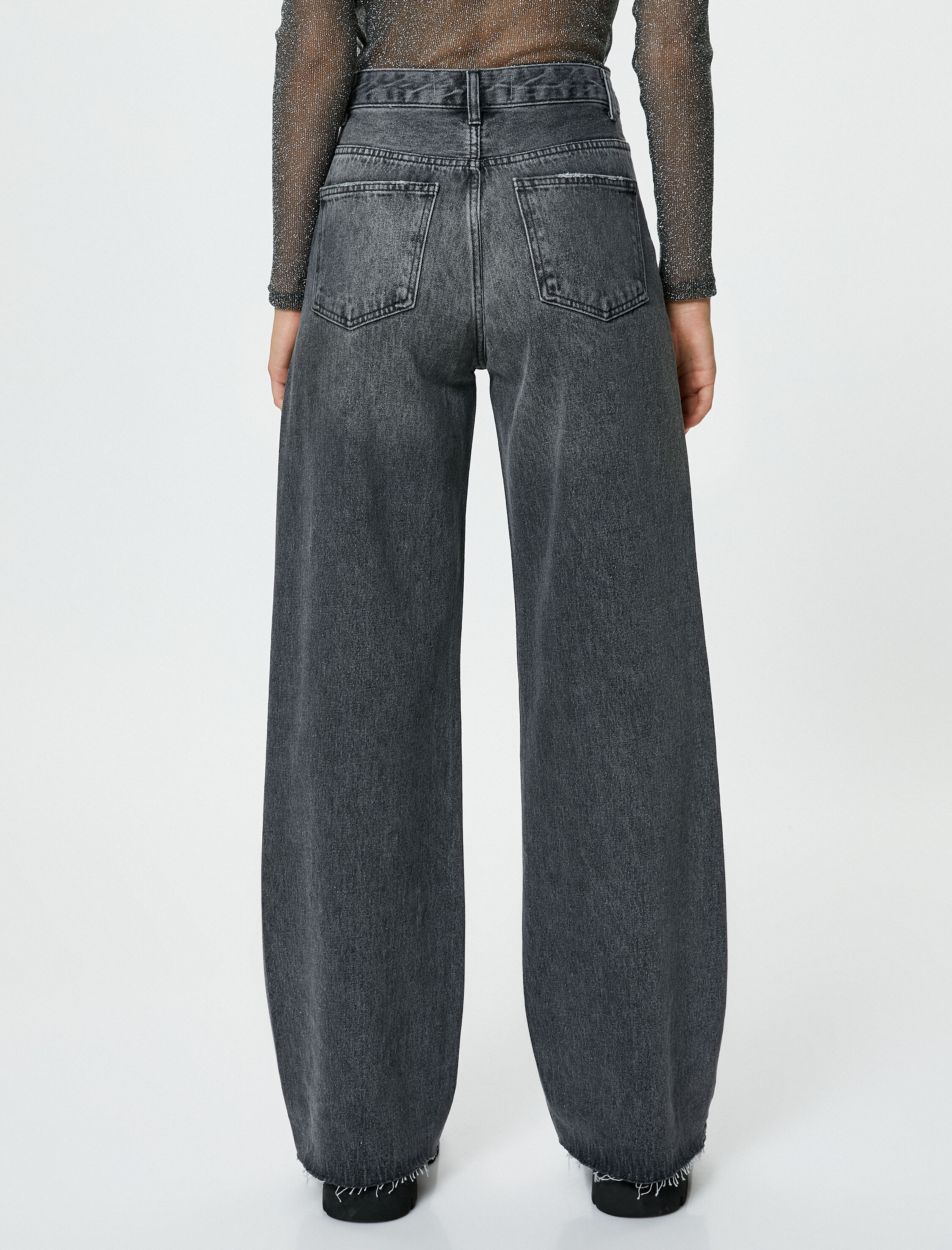   Ekstra Geniş Paça Taşlı Kot Pantolon Standart Bel Esnemeyen Pamuklu Kumaş Cepli - Bianca Jean