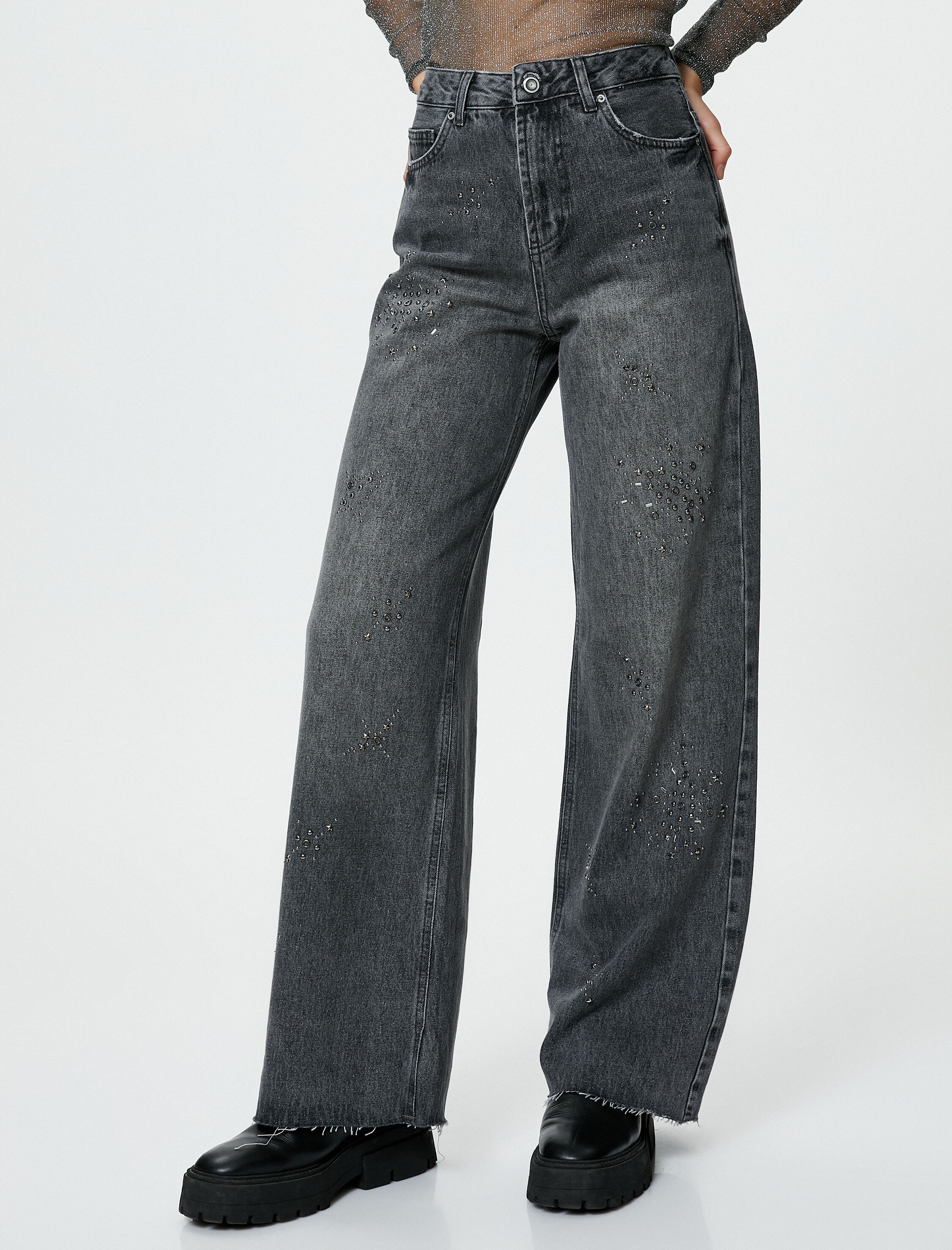   Ekstra Geniş Paça Taşlı Kot Pantolon Standart Bel Esnemeyen Pamuklu Kumaş Cepli - Bianca Jean