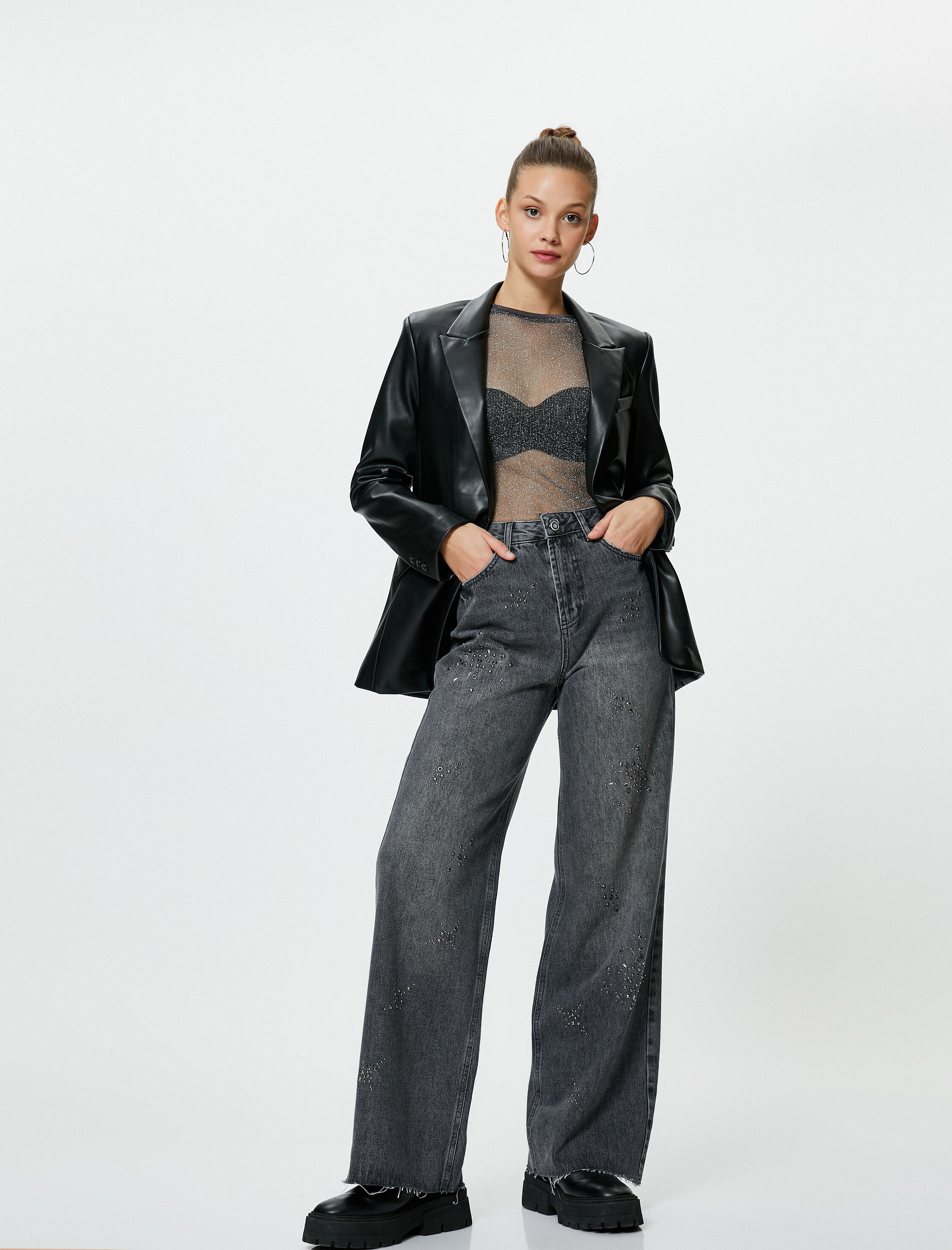   Ekstra Geniş Paça Taşlı Kot Pantolon Standart Bel Esnemeyen Pamuklu Kumaş Cepli - Bianca Jean