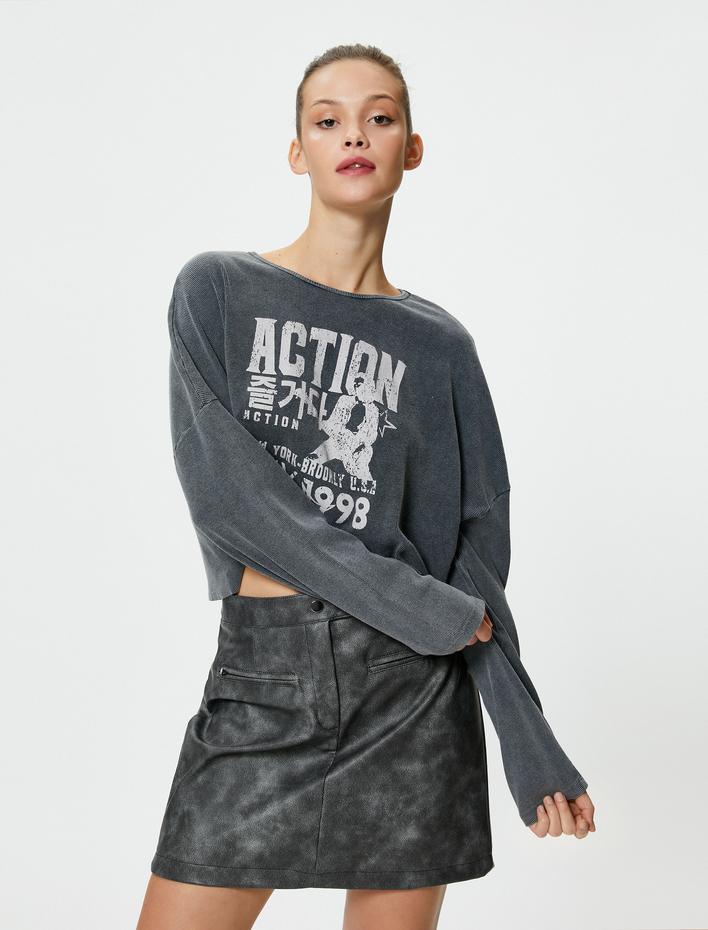  Soluk Efektli Baskılı Tişört Uzun Kollu Bisiklet Yaka Pamuklu