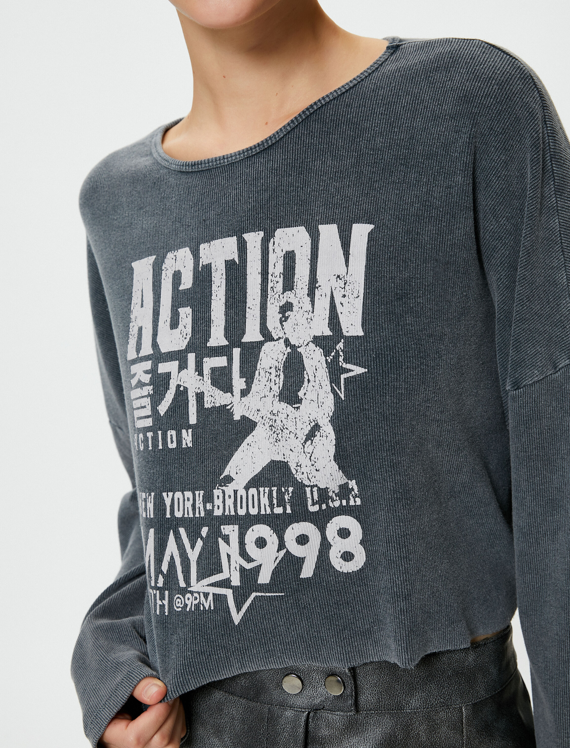   Soluk Efektli Baskılı Tişört Uzun Kollu Bisiklet Yaka Pamuklu