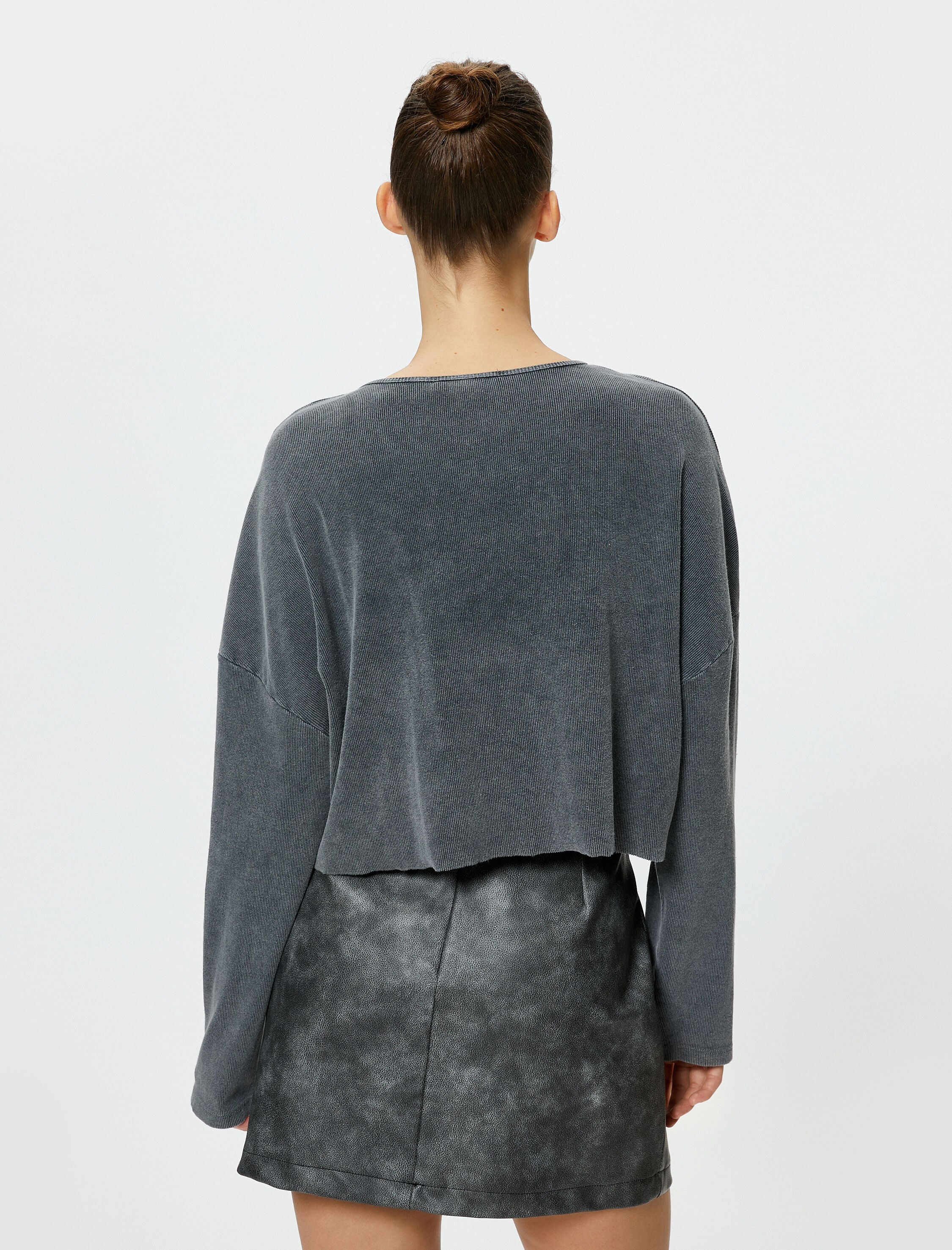   Soluk Efektli Baskılı Tişört Uzun Kollu Bisiklet Yaka Pamuklu