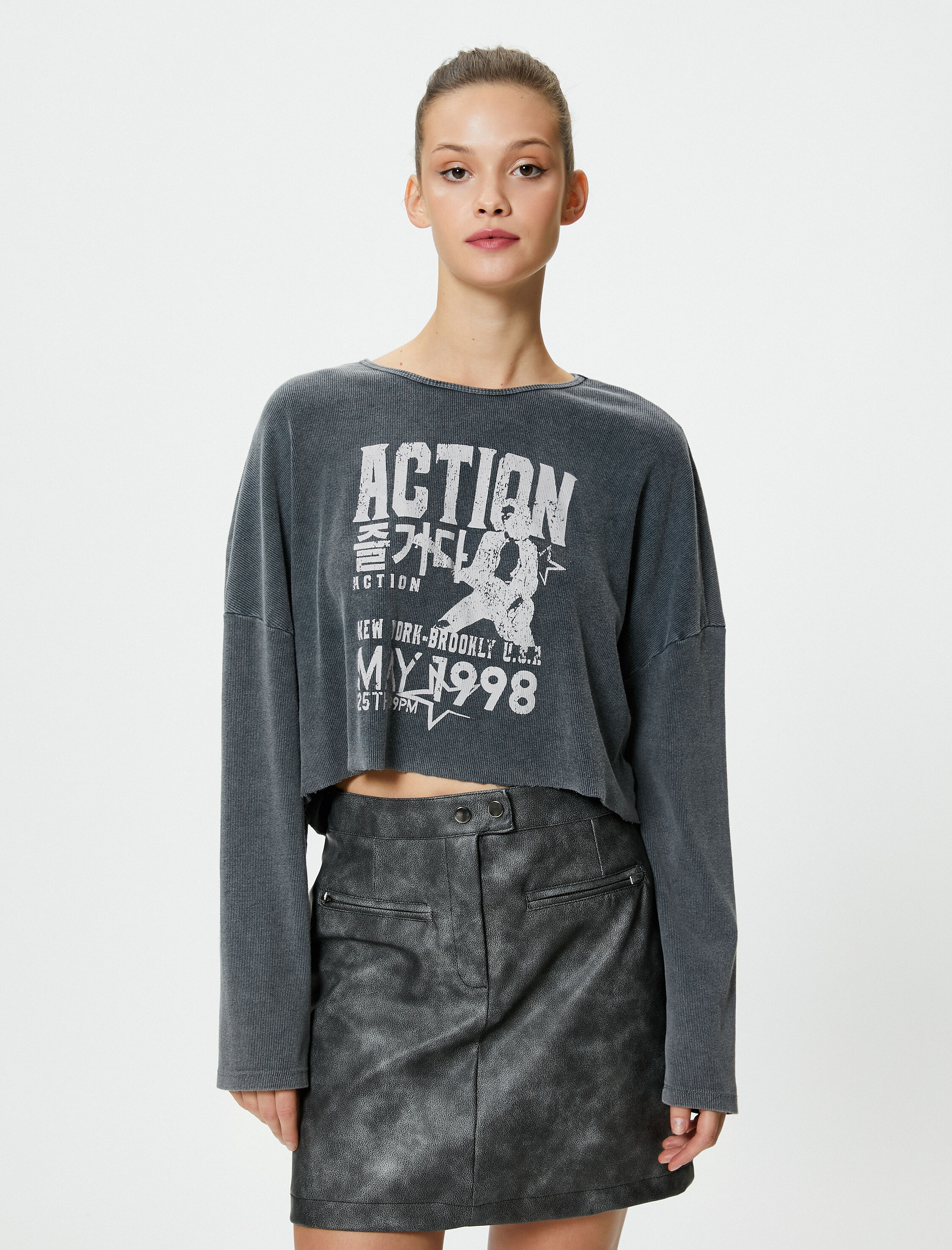   Soluk Efektli Baskılı Tişört Uzun Kollu Bisiklet Yaka Pamuklu