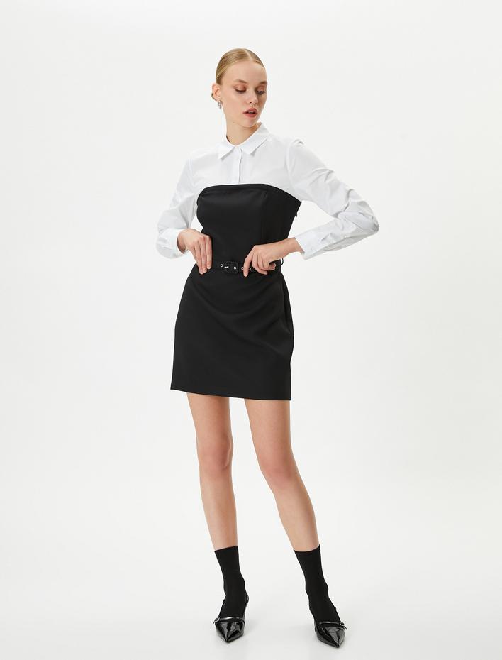  Gömlek Elbise Çift Parça Görünümlü Kemer Detaylı Mini