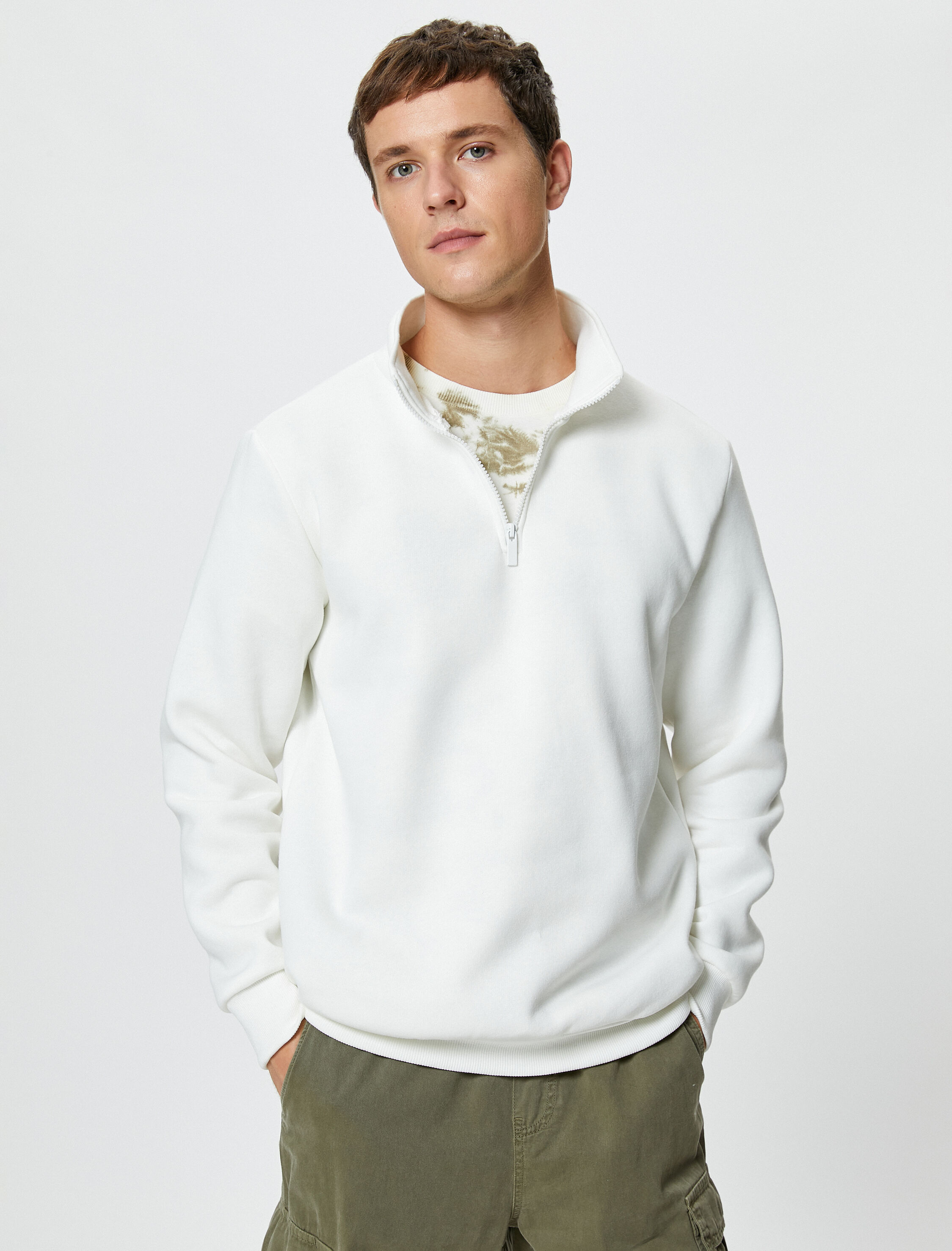   Yarım Fermuarlı Sweatshirt Basic Dik Yaka Ribanalı Uzun Kollu Şardonlu