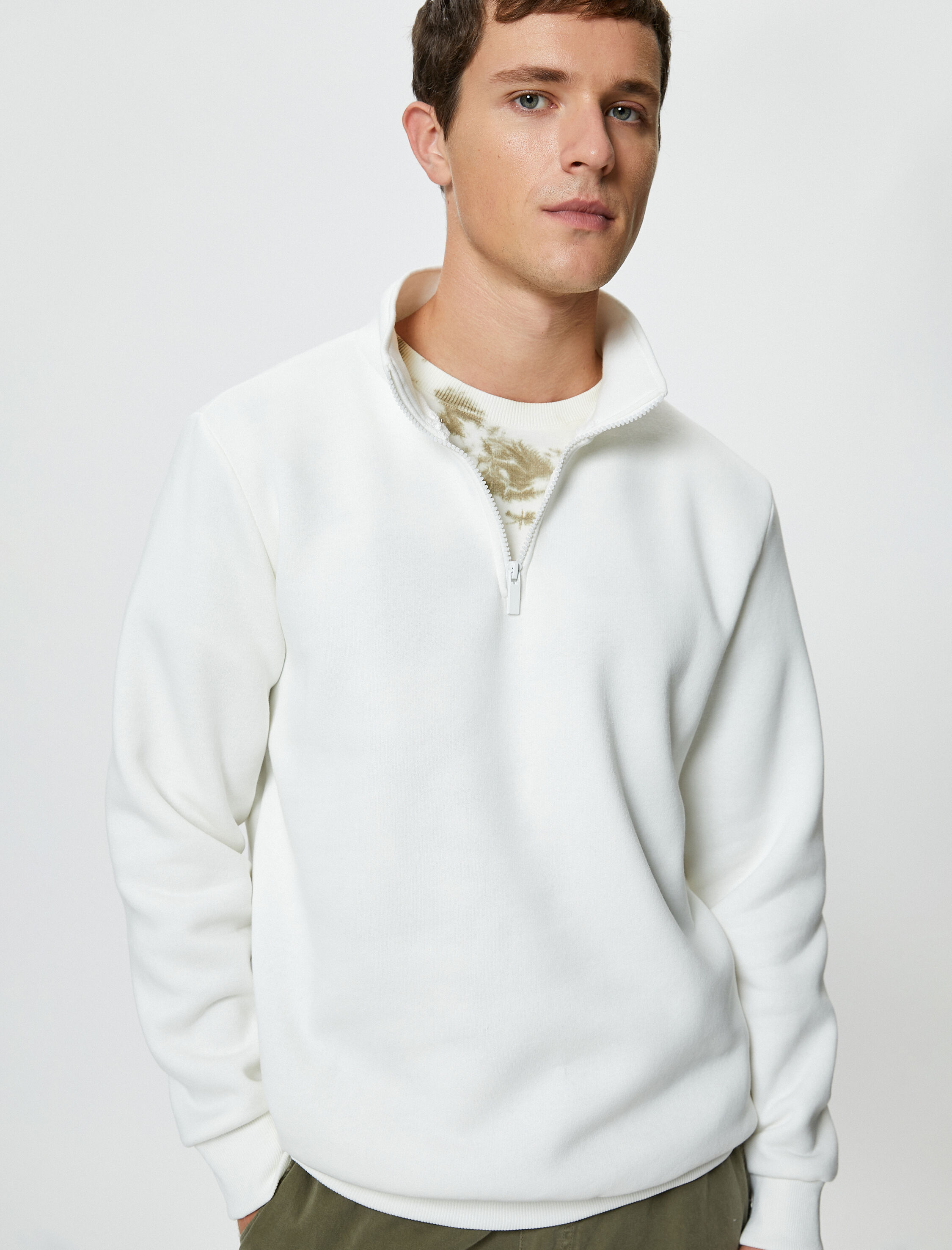   Yarım Fermuarlı Sweatshirt Basic Dik Yaka Ribanalı Uzun Kollu Şardonlu