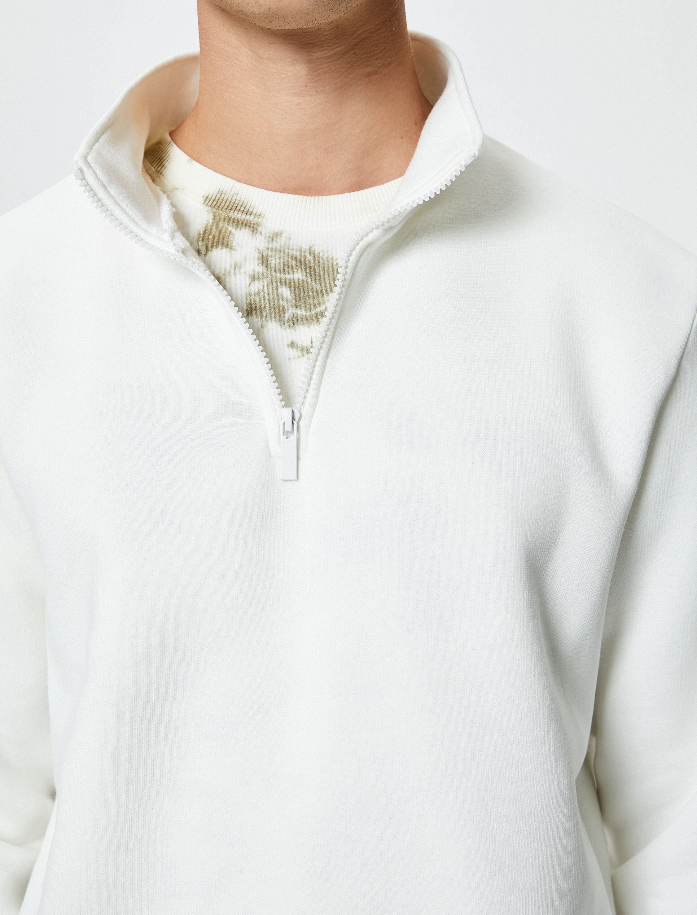   Yarım Fermuarlı Sweatshirt Basic Dik Yaka Ribanalı Uzun Kollu Şardonlu