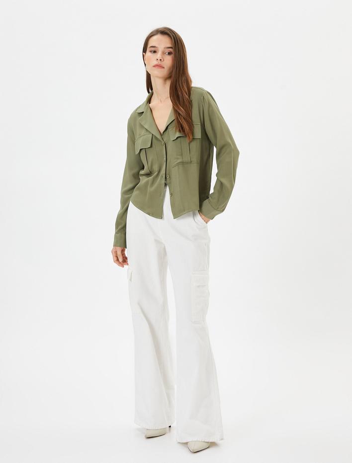  Uzun Kollu Gömlek Kargo Cepli Düğmeli Viskon