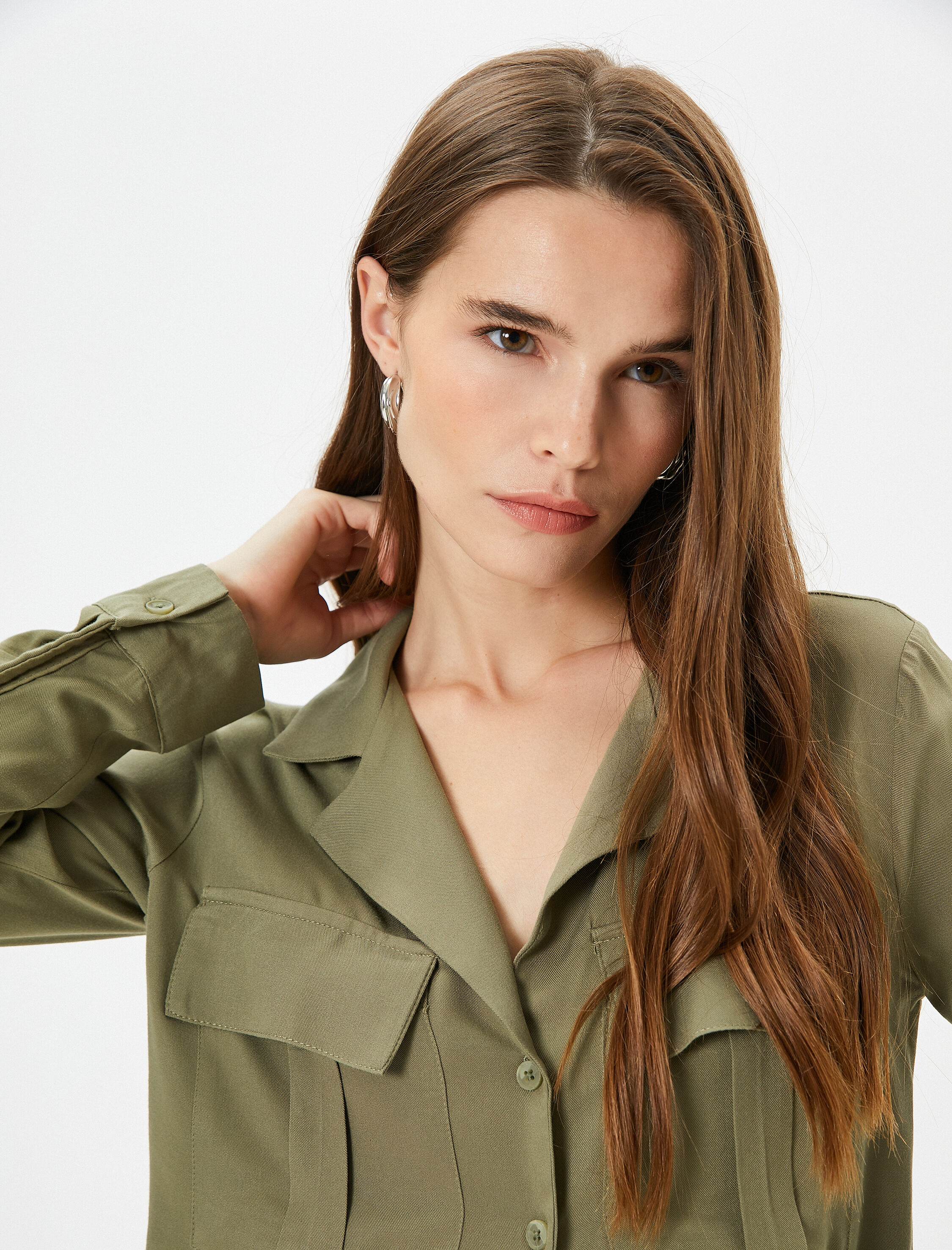   Uzun Kollu Gömlek Kargo Cepli Düğmeli Viskon