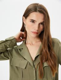 Uzun Kollu Gömlek Kargo Cepli Düğmeli Viskon