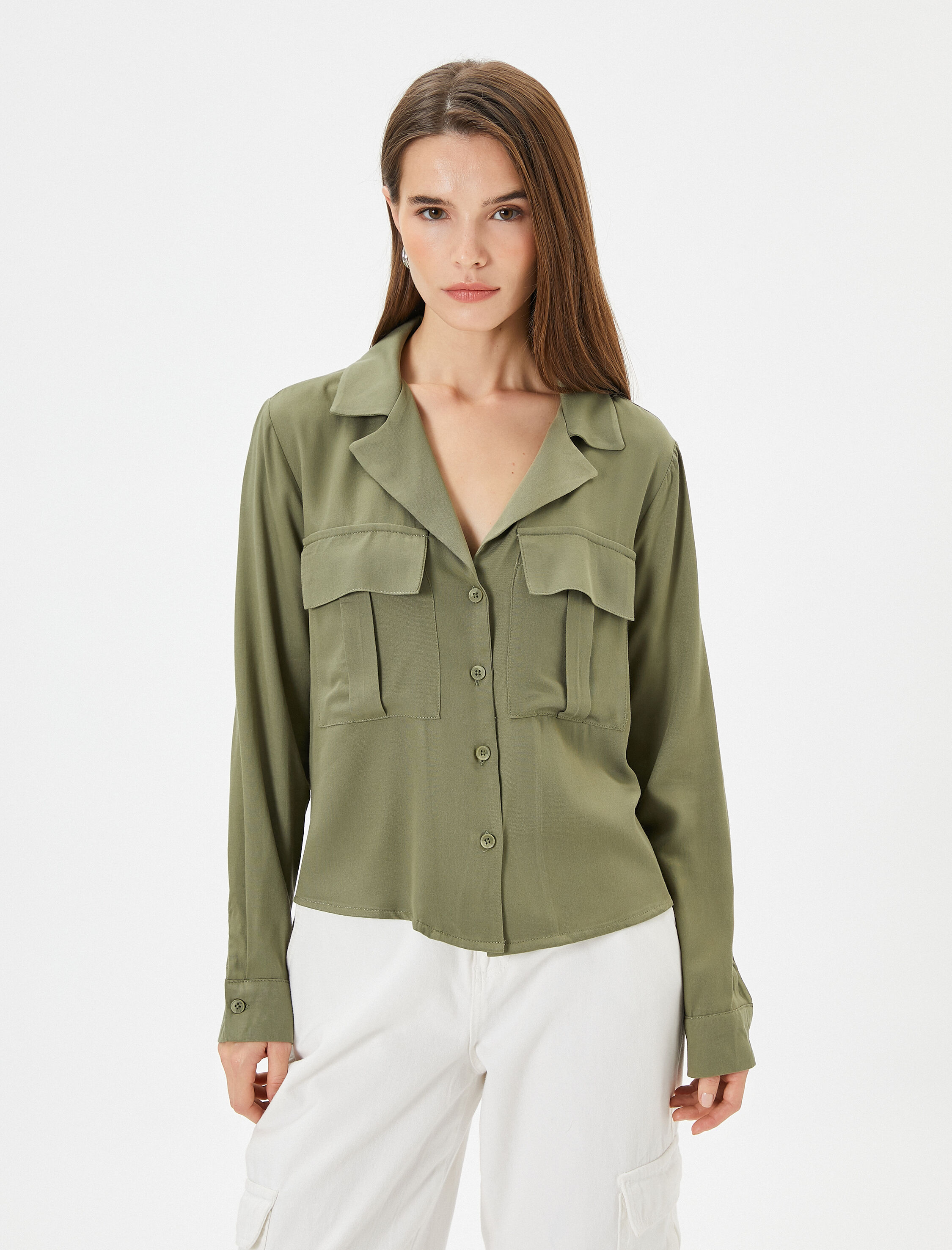   Uzun Kollu Gömlek Kargo Cepli Düğmeli Viskon