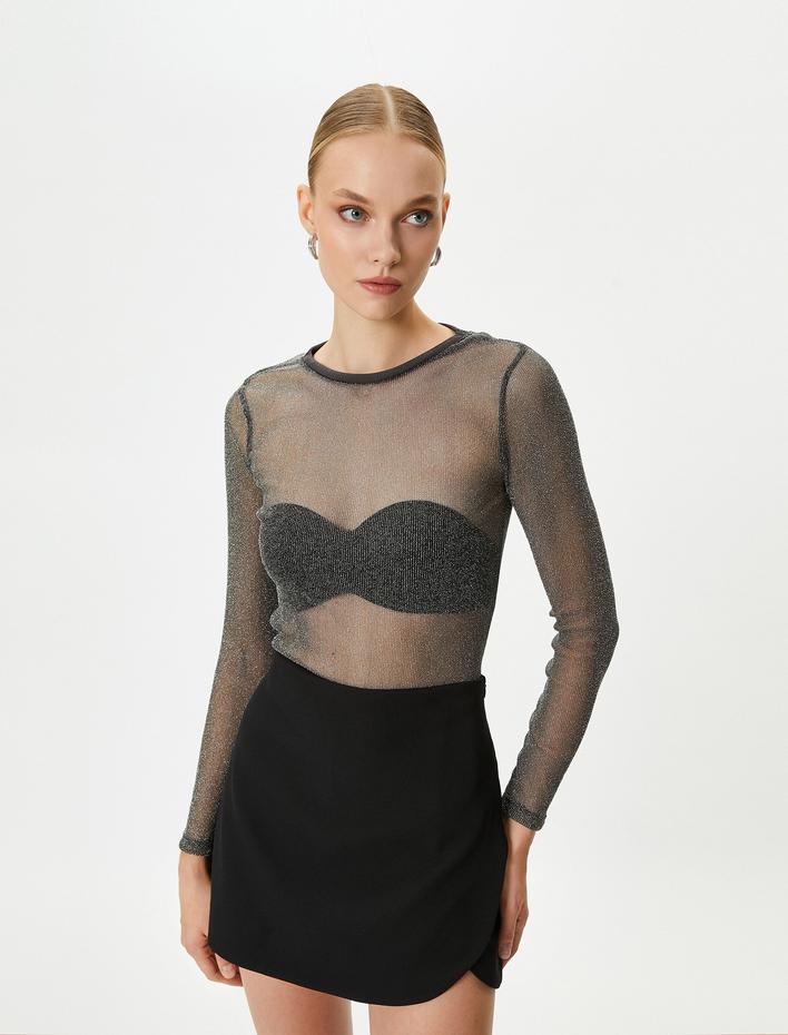  Transparan Tişört Simli Uzun Kollu Bisiklet Yaka