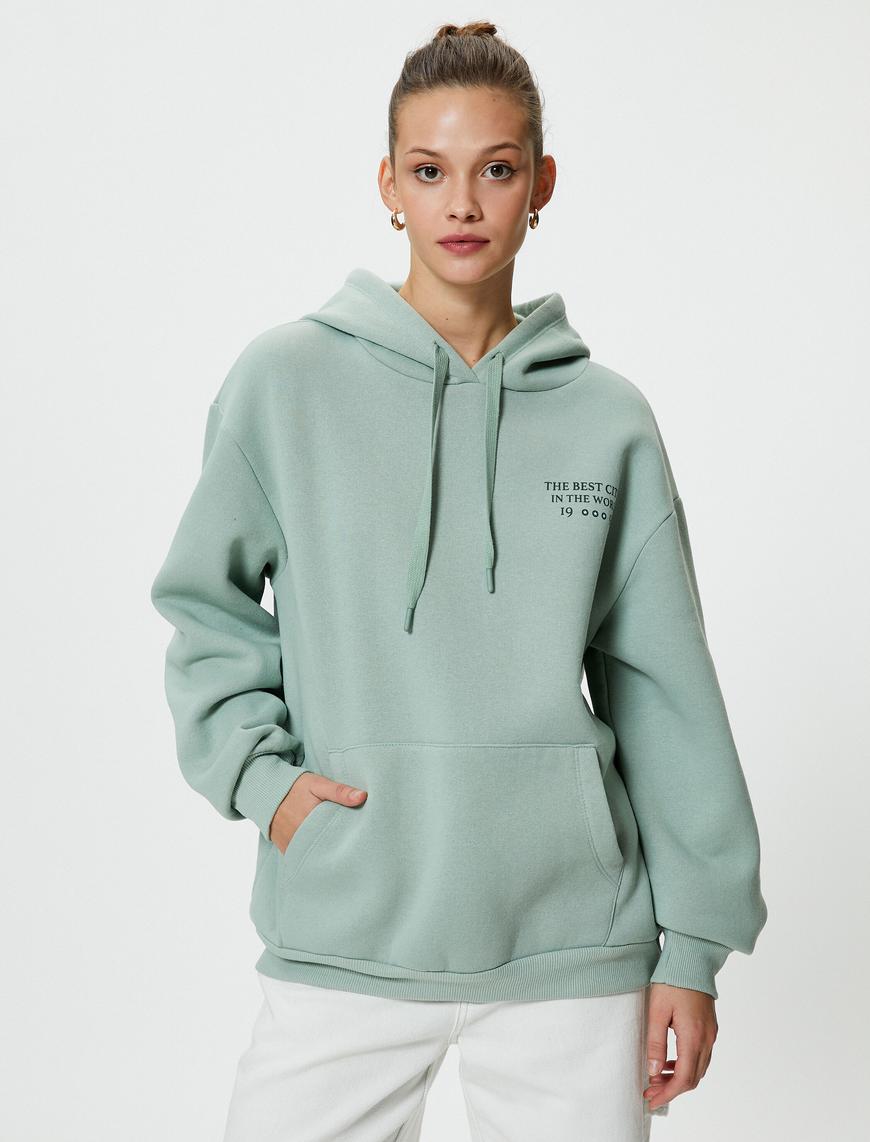   Kapşonlu Sweatshirt Arkası Baskılı Şardonlu Rahat Kalıp Cepli