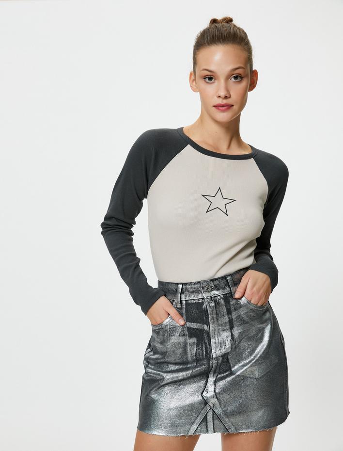  Uzun Reglan Kollu Tişört Renk Bloklu Bisiklet Yaka Baskılı Pamuklu