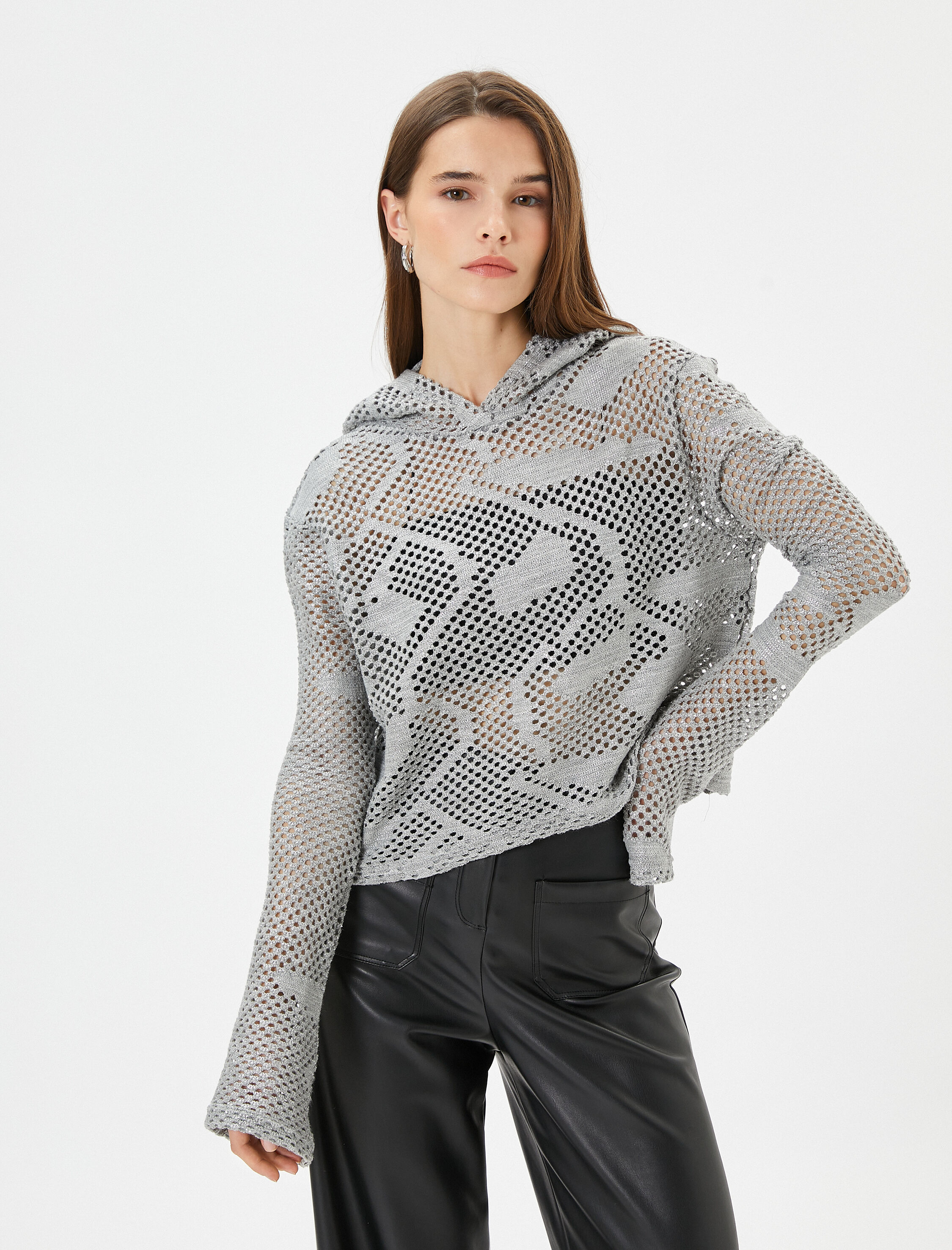   Ajurlu Triko Kazak Kapüşon Detaylı Simli